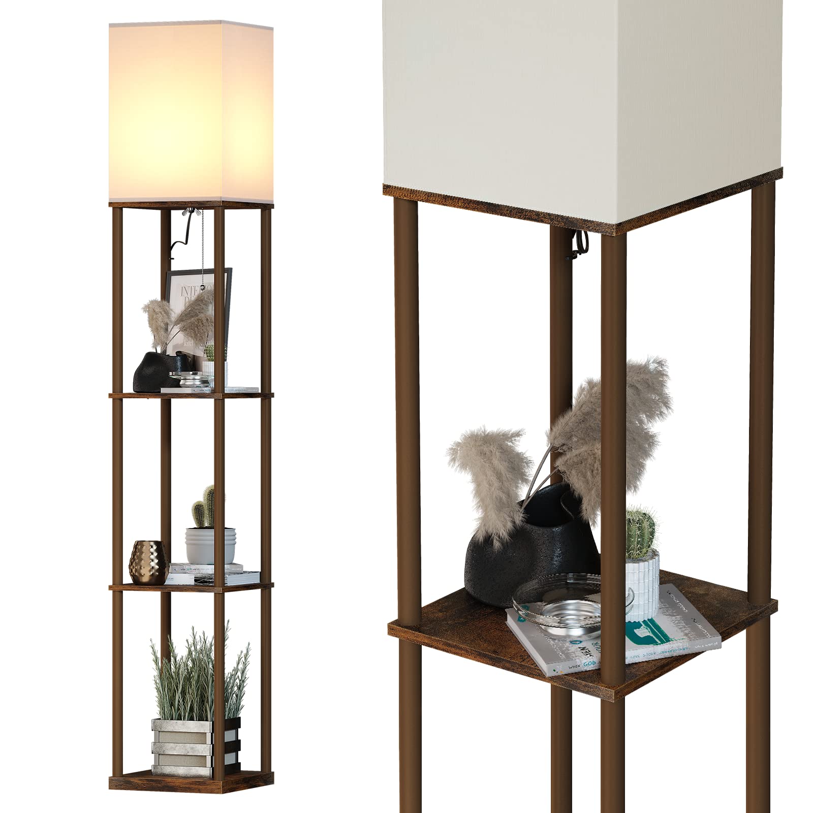 SUNMORY Floor Lamp with Shelves, Metal, 3 Color Temperatures, Rustic Brown