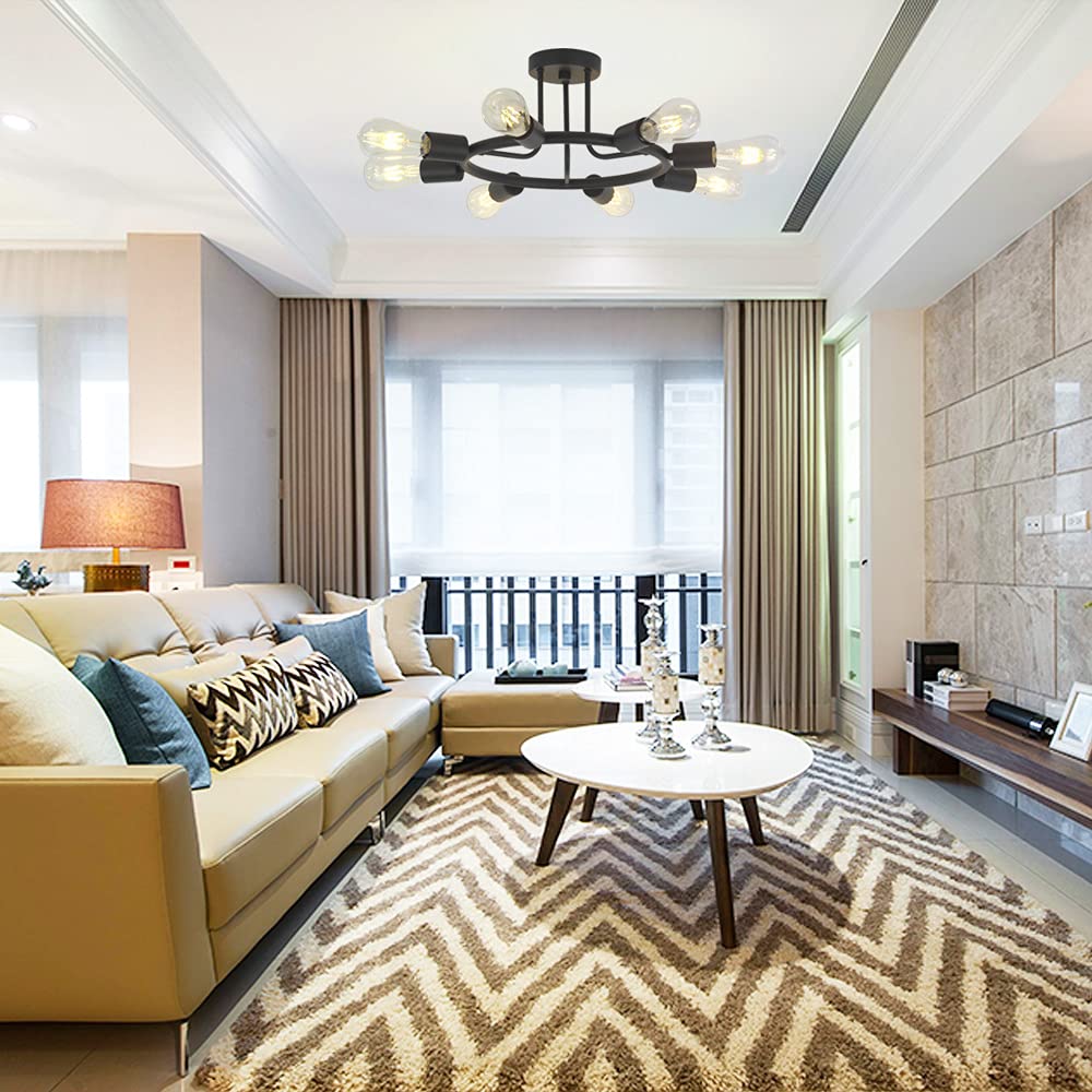 Bonlicht 8 Lights Semi Flush Mount Sputnik Ceiling Light Modern Metal Chandelier Lighting Black Industrial Vintage Sputnik Light