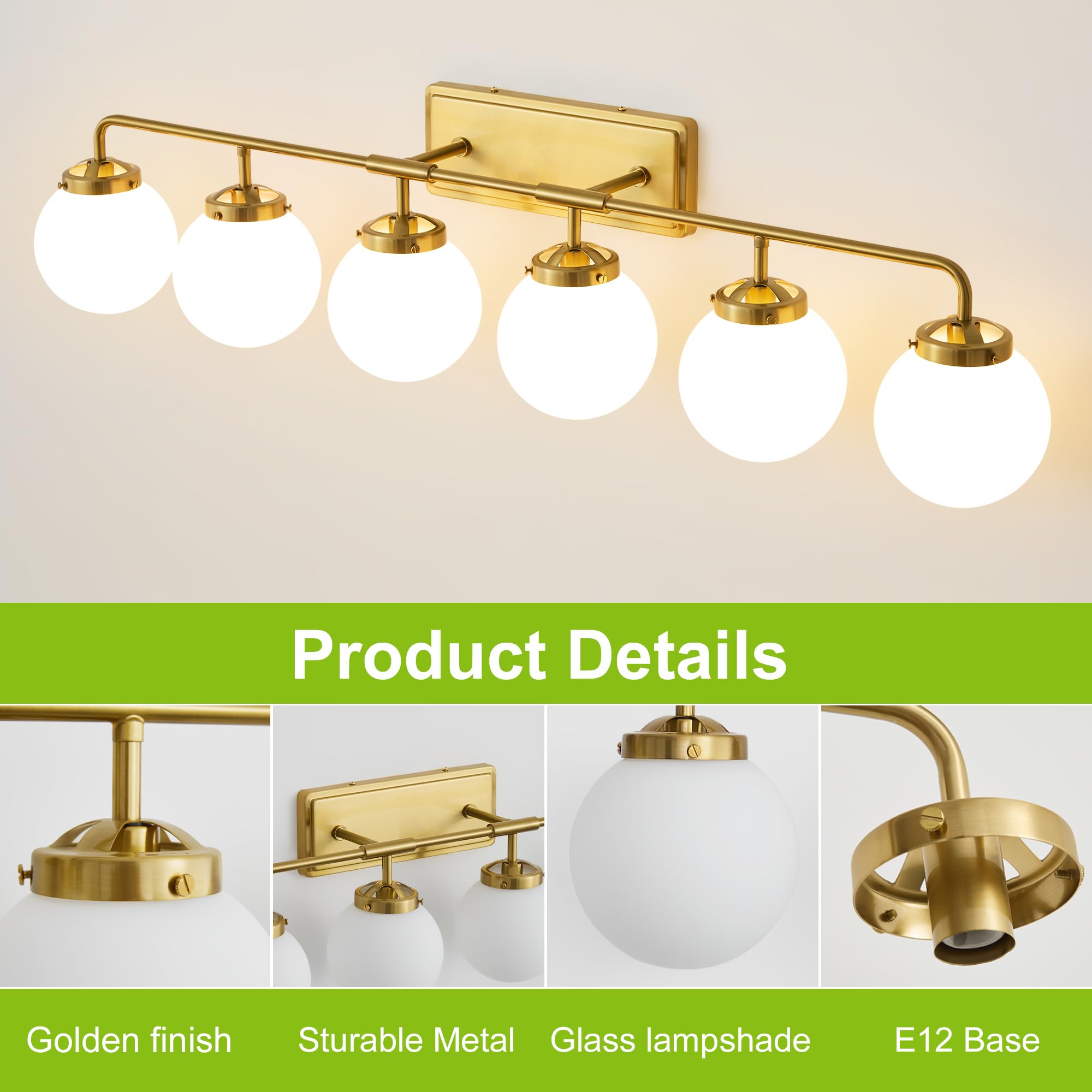 Deyidn Gold Bathroom Light Fixtures 6-Light Modern Wall Sconce with White Glass Globe Shade, Model 1758