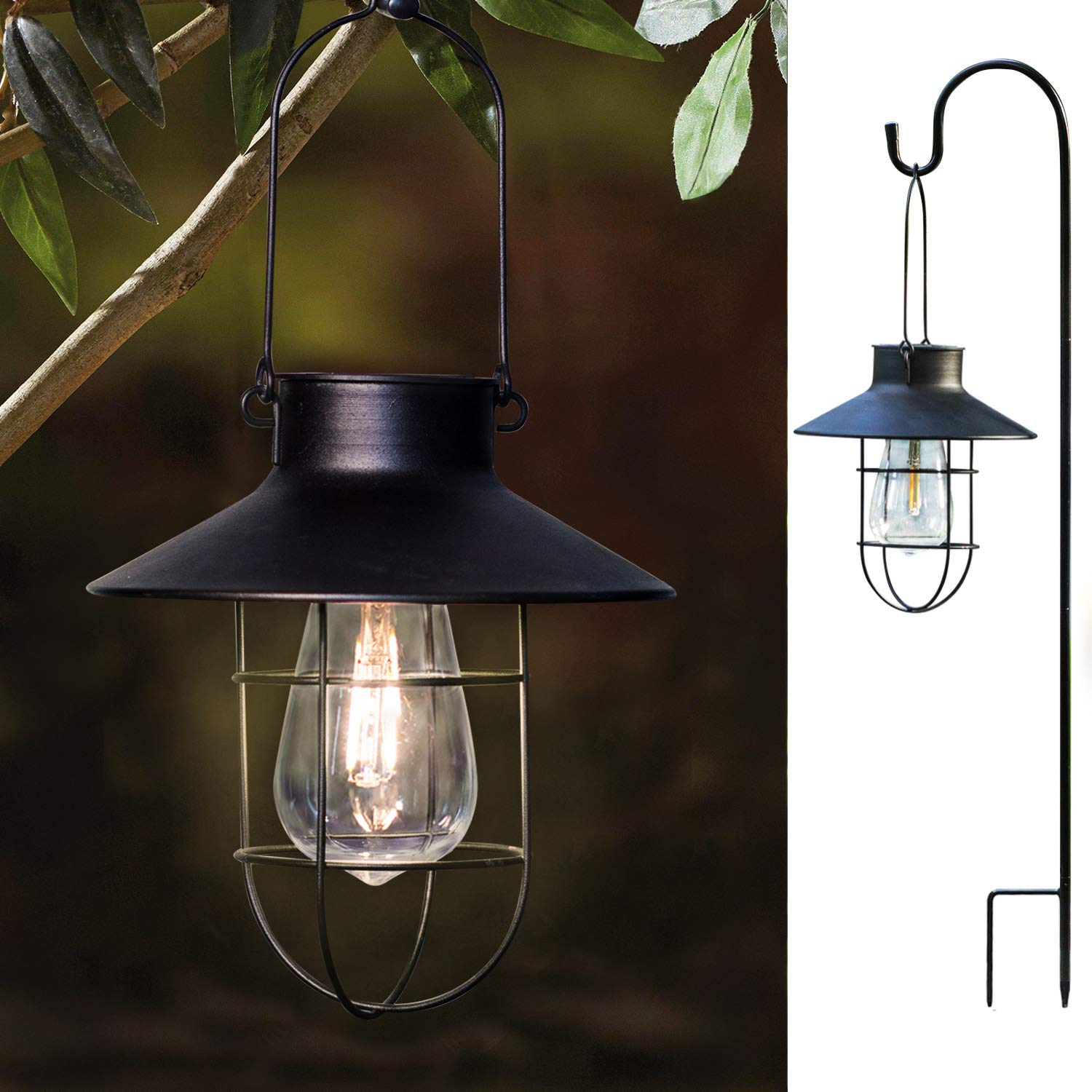EKQ 2 Pack Hanging Solar Lanterns with Shepherd Hook, Waterproof Edison Bulb Lights, Black