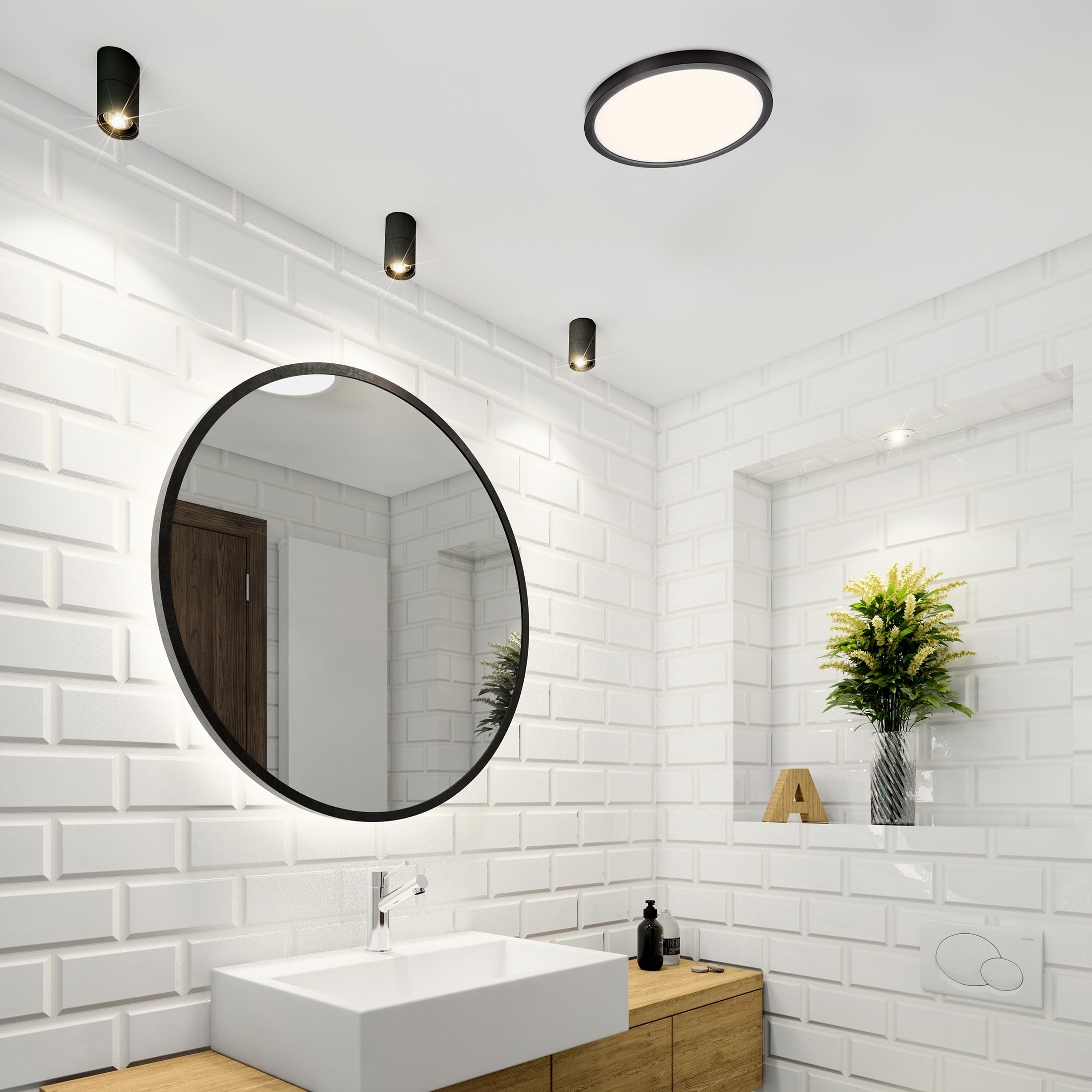 Maxxima 14 In. Led Flush Mount Ceiling Light, 2400 Lumens, 5 Cct 2700K/3000K/3500K/4000K/5000K Panel Light, Black Trim Round Fix