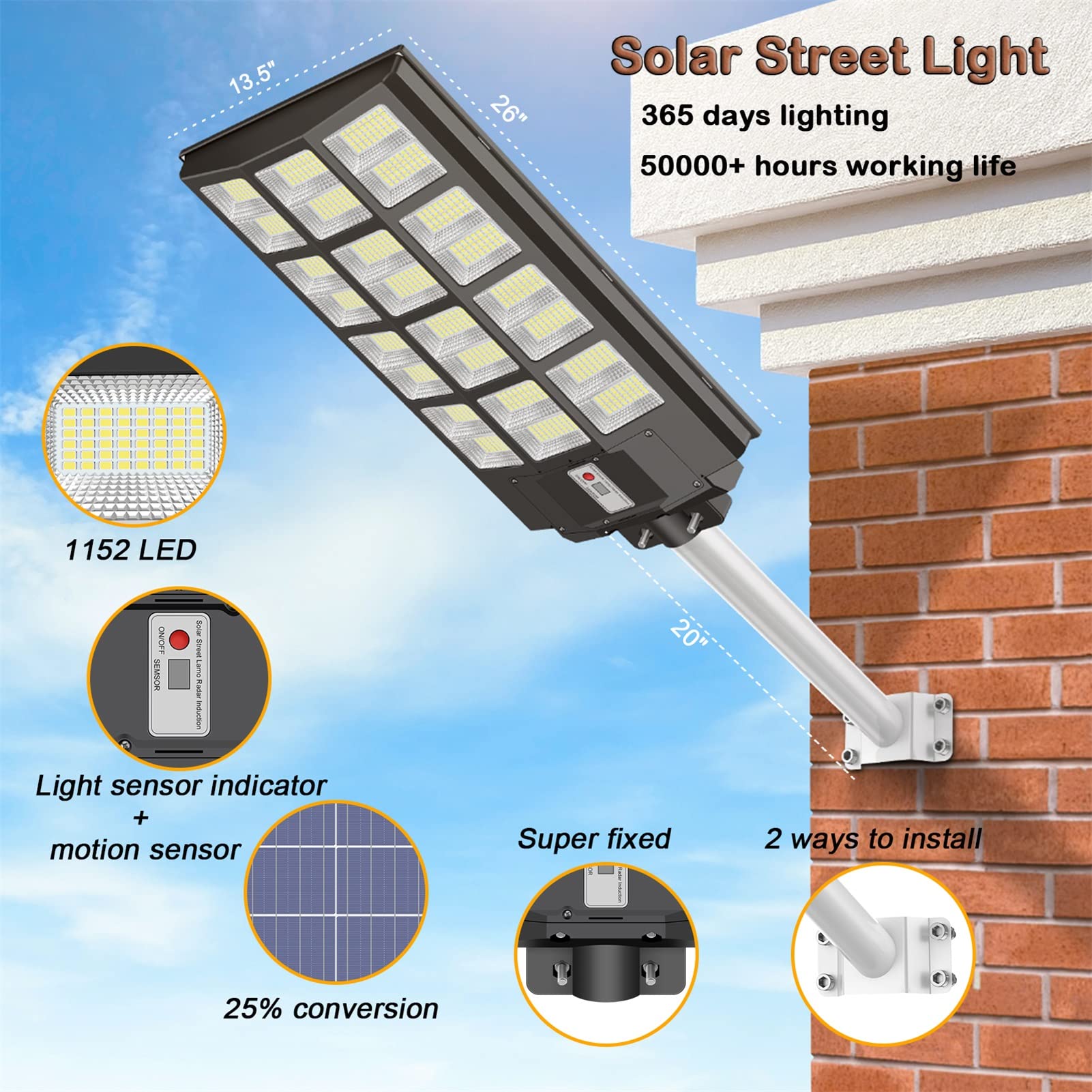 INSDEA 5000W LED Solar Street Light, 500000LM, IP65 Waterproof, Motion Sensor, Black, Solar Security Light for Outdoor Use