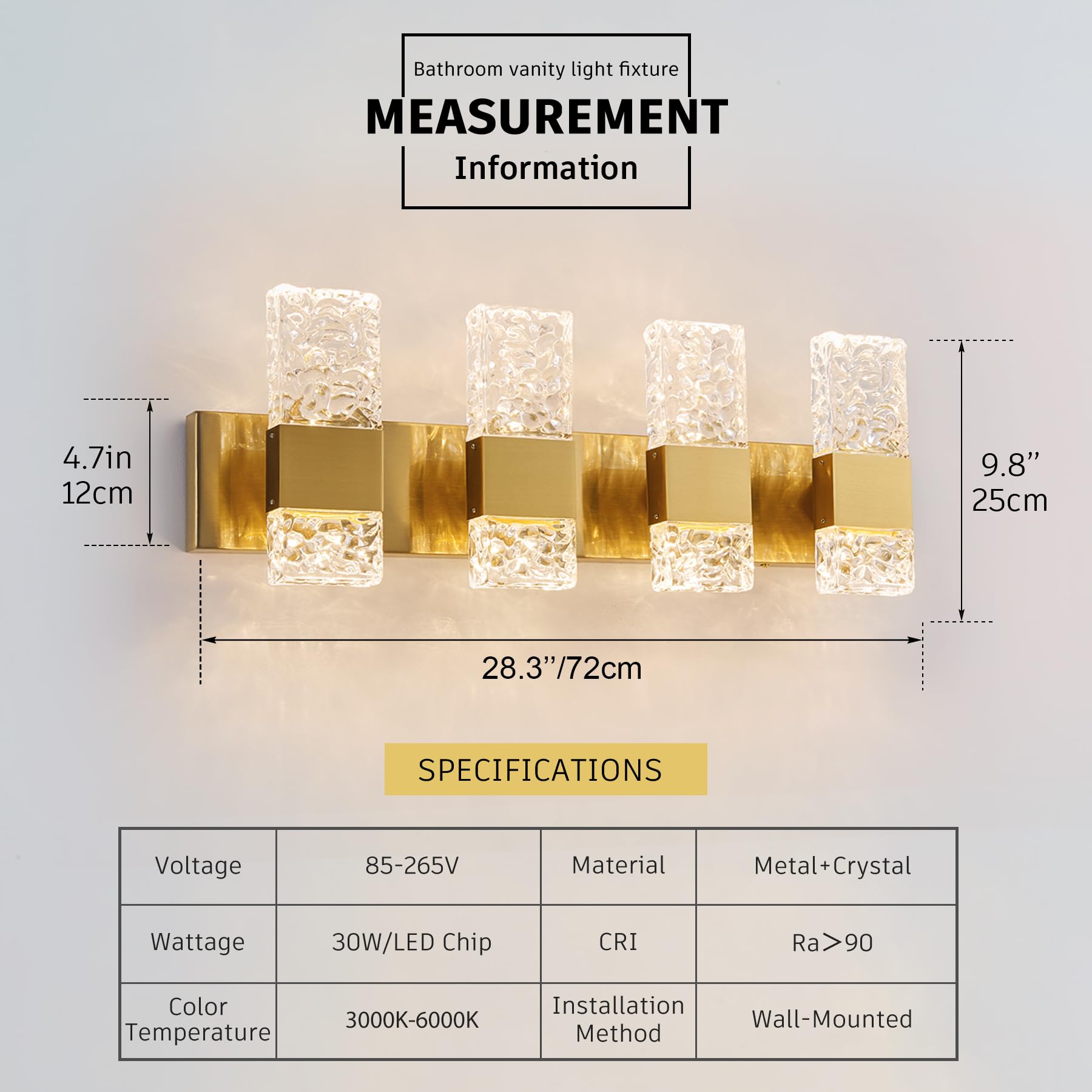 OYLYW Vanity Lights - 4-Light Bathroom Wall Fixture, Dimmable LED, Brushed Gold Stainless Steel, Model JQ1428-4TG, Crystal Accent