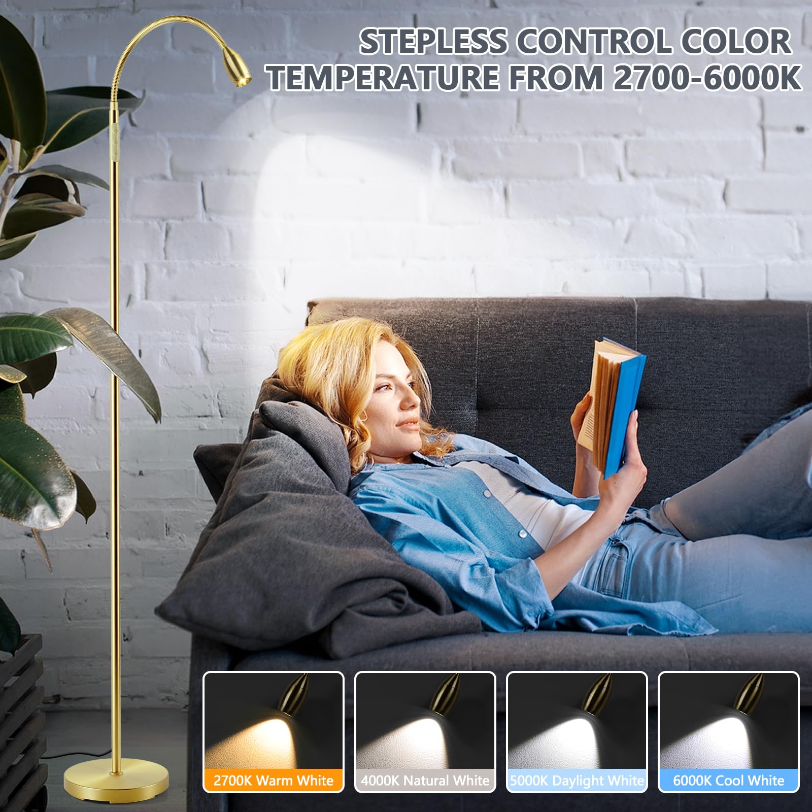 AUZONIMICS Reading Floor Lamp - 72" Tall LED, Flexible Gooseneck, Dimmable, Light Gold, Model FLL-007-F2-GD