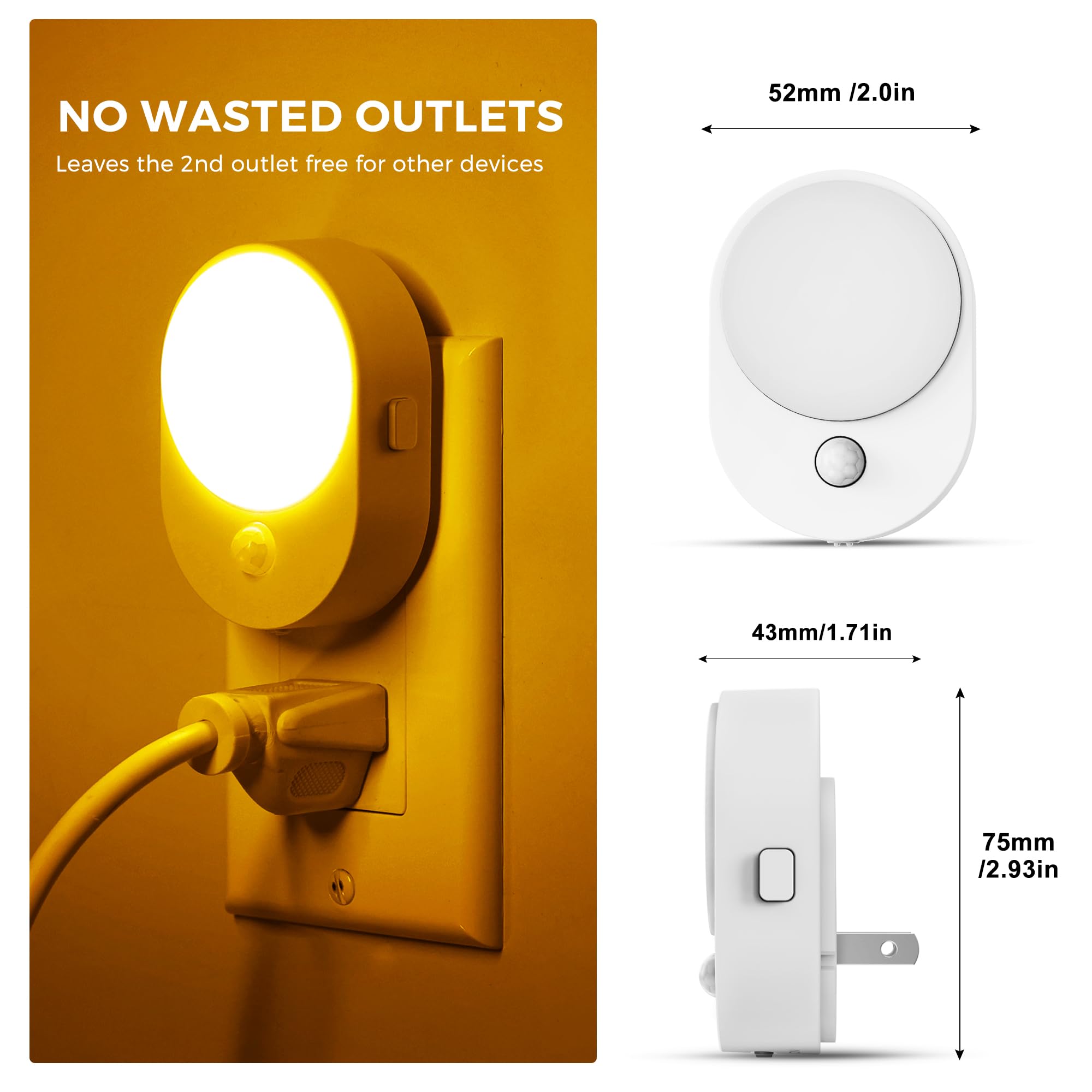 L LOHAS LED Motion Sensor Night Light, 2-Pack Amber Plug-in with Dusk to Dawn & Adjustable Brightness for Bathroom, Hallway, Kitchen