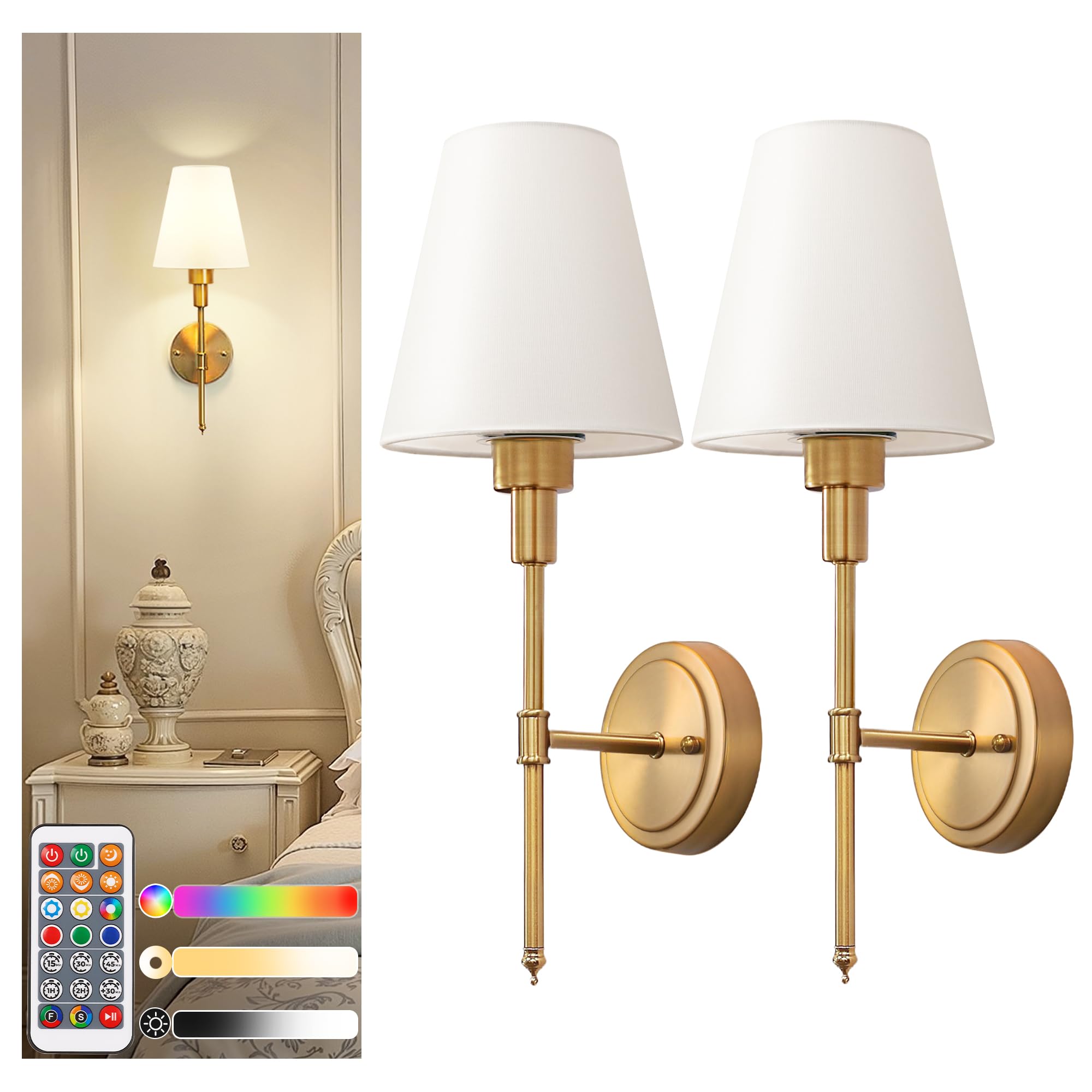 DORESshop Battery Operated Wall Sconce Set of 2  Wall Light Wireless Easy to Install  Dimmable and Adjustable Sconces Wall Decor  Rechargeable Wall Lamp for Bedroom  Living Room  Gold 18.7in
