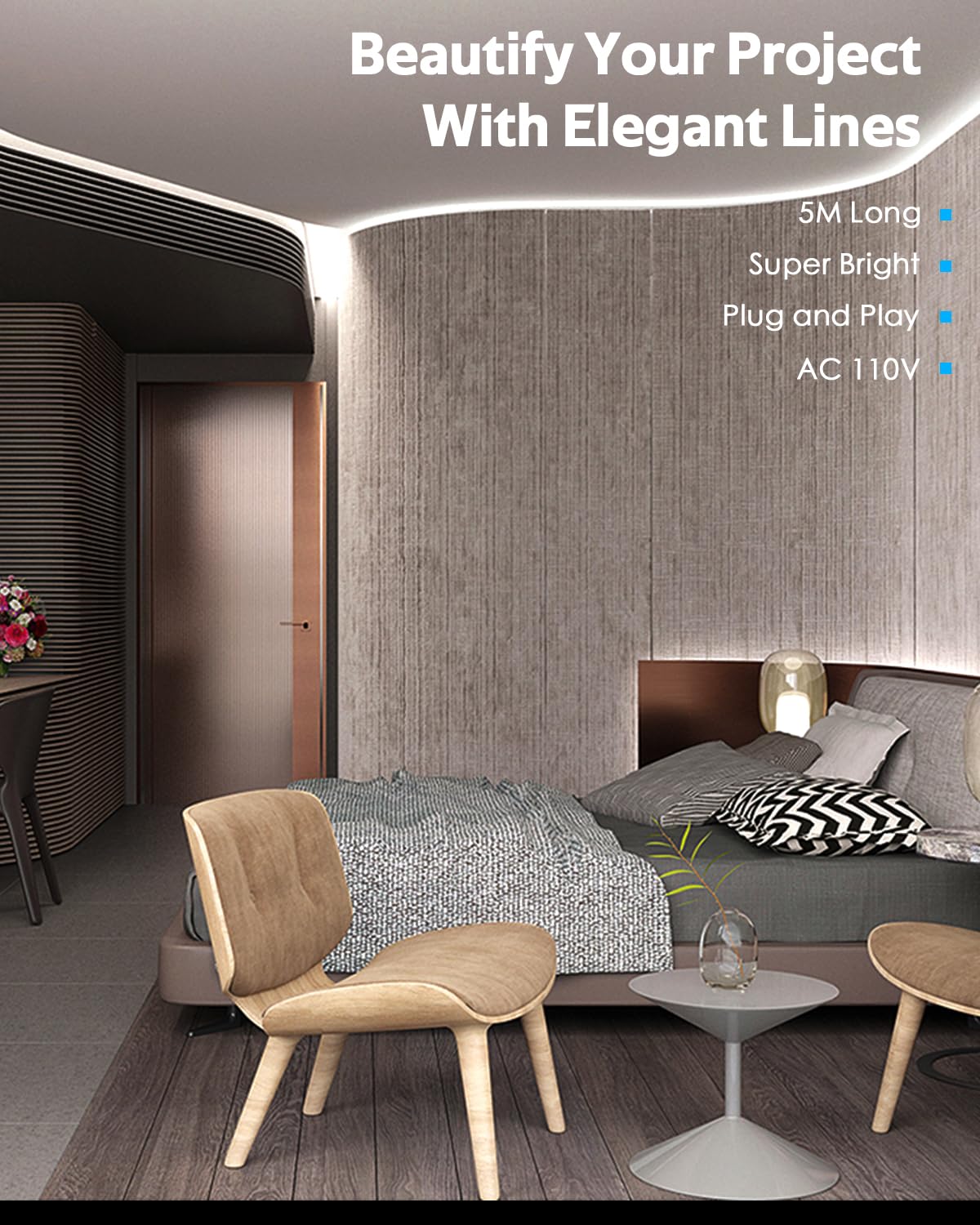 Samsion 5M Cob Led Strip Lights For Outdoor Waterproof Led Rope Lights 16.4Ft Daylight White 6000K Ac 110V ~120V Connectable Led Flexible Cob Light For Indoor Ceiling Kitchen Cabinet Closet Cold White