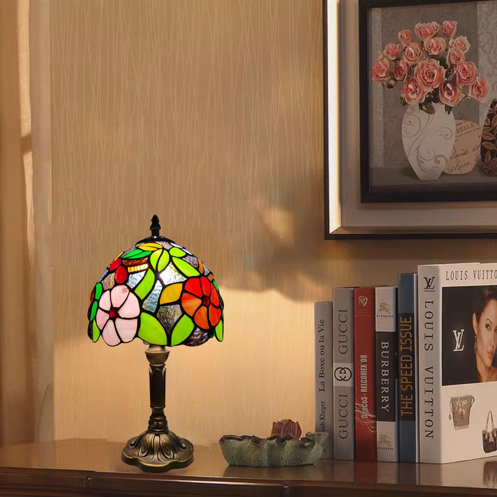 FUMAT Tiffany Small Table Lamp 3-Way Color Temperatures 8x8x15 Inch Grape Rose Model XDFNXINJIAYUAN