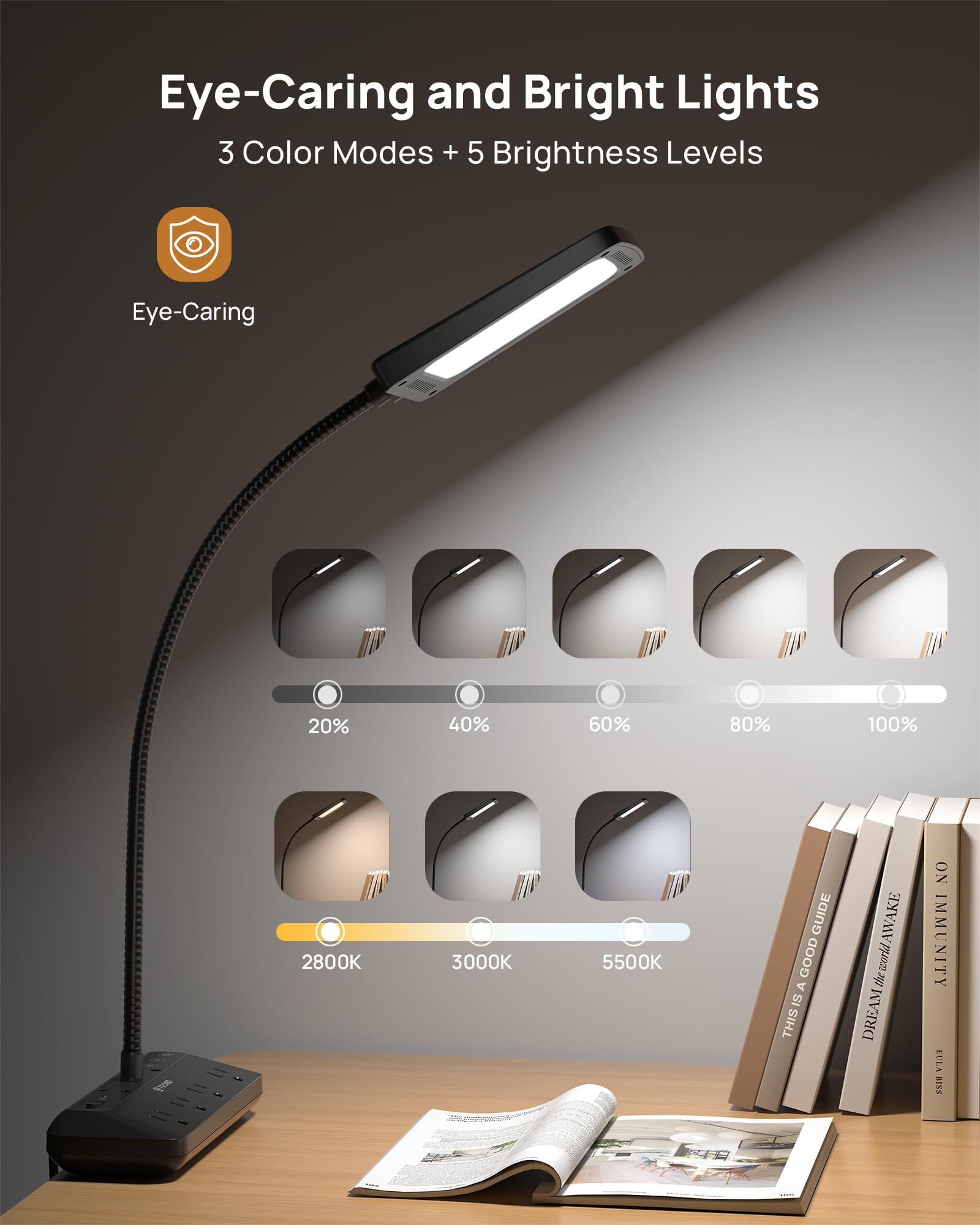 TROND LED Desk Lamp with Clamp, 15 Lighting Modes, 4 Outlet Power Strip, Gooseneck, Small, Black, Model TD-PS-US29L