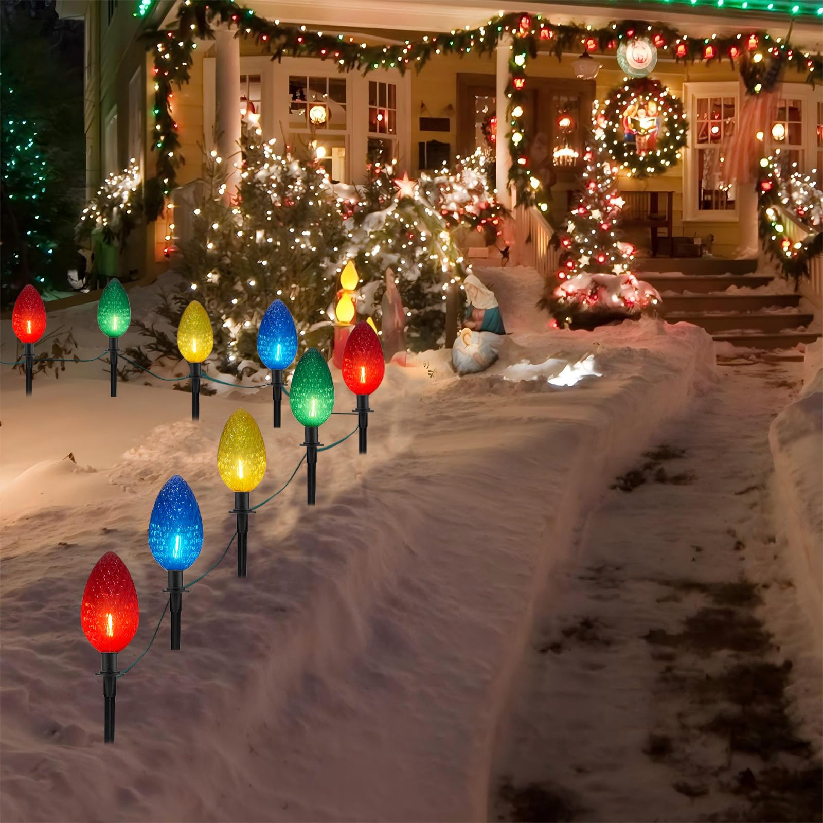 2 Pack Jumbo C9 Christmas Pathway String Lights Outdoor, Total 14 Feet Christmas Walkway Lights Waterproof With 8 Led C9 Jumbo M