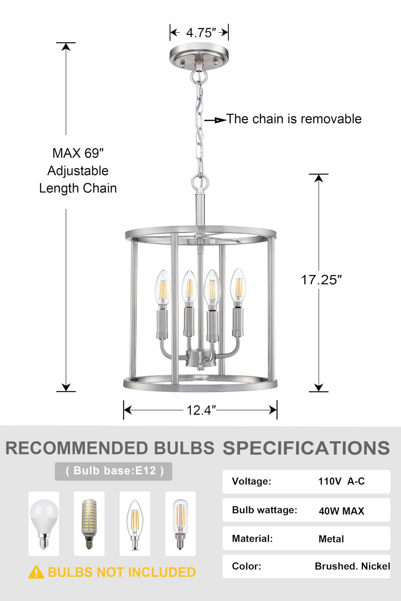 4 Light Hanging Lantern Pendant Light Fixture Geometric Chandelier,Brushed Nickel Finish Adjustable Chain Metal Cage Pendant Lig