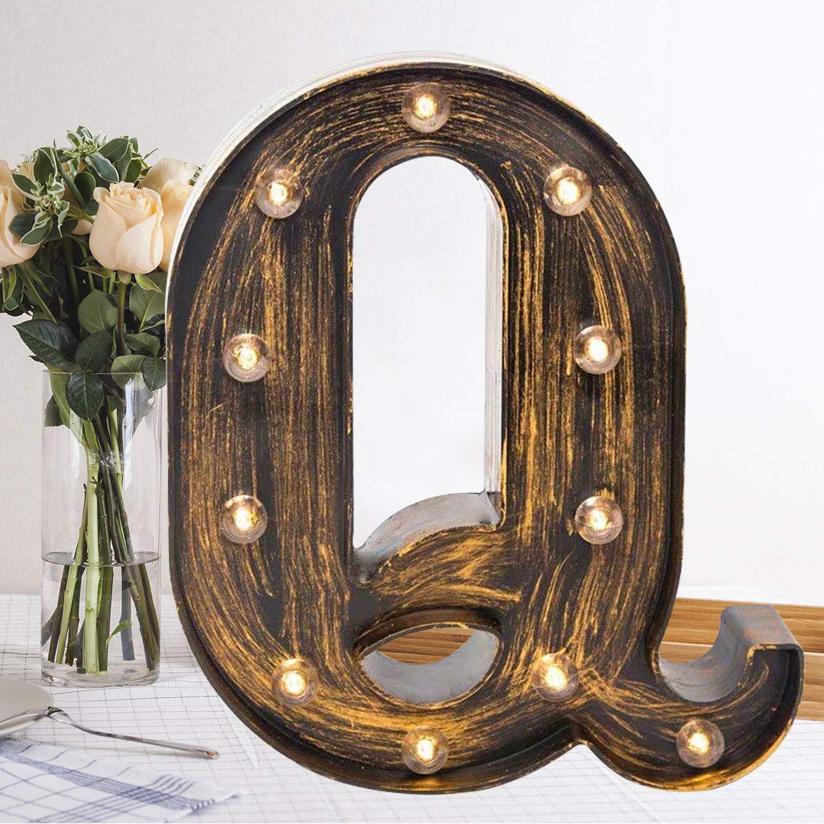 OYCBUZO Golden Black Led Marquee Letter - Industrial, Vintage Style Light Up Alphabet Letter Sign for Cafe Wedding Birthday Party Christmas Lamp Home Bar Initials Decor - Q