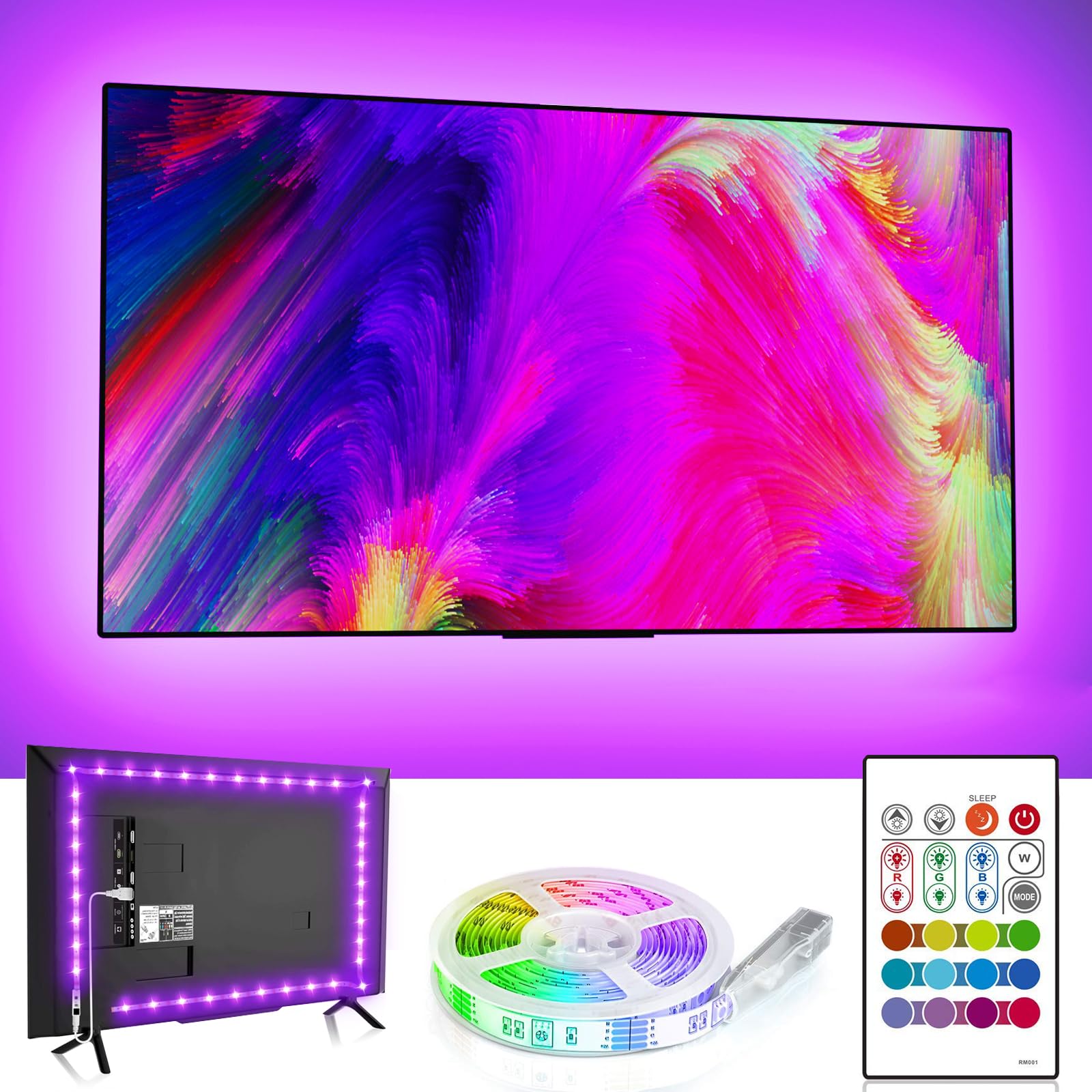 BASON LIGHTING TV Backlight, 9.8ft USB LED Light Strip, RGB 4096 DIY Colors, for 32-58 inch TVs, Model TV131, Plastic Material