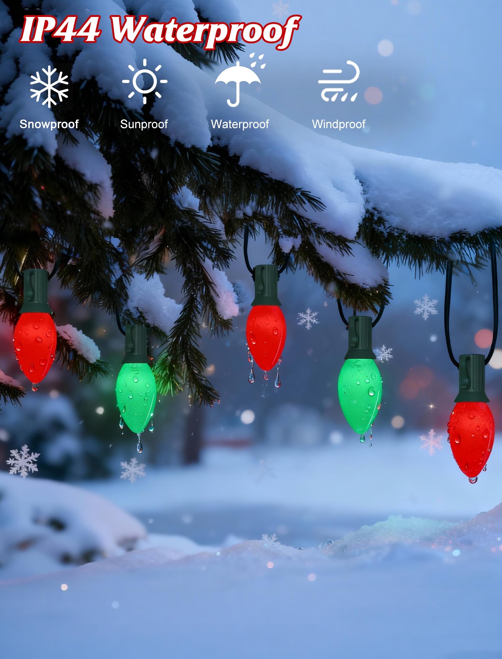 Sunsgne C9 Red And Green Christmas Lights  25Ft Glass Ceramics Christmas Tree Lights With 26 7W Red White Glass Bulbs(1 Spare) For Backyard Patio Balcony Xmas Decor  Green Wire