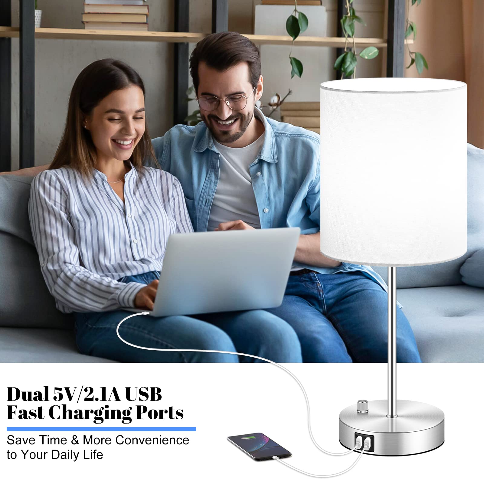 Set Of 2 Table Lamps With Usb Ports, White Bedside Lamps With Ac Outlet, Modern Nightstand Lamps With Rotary Switch, Minimalist