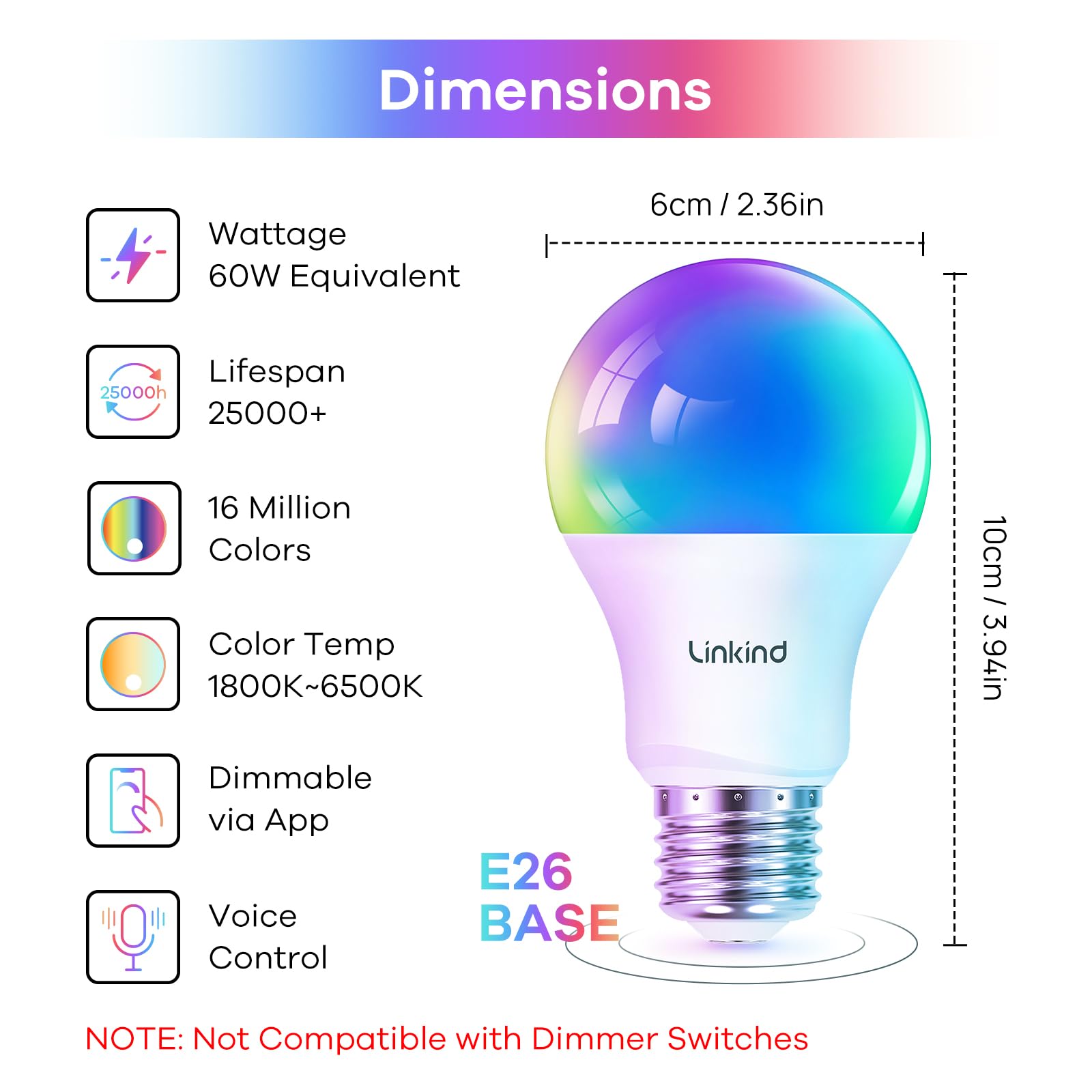 Linkind Smart Light Bulbs, Wifi Bulbs Work With Alexa & Google Home, Rgbtw Color Changing Light Bulb With App Control, 9W Led Sm