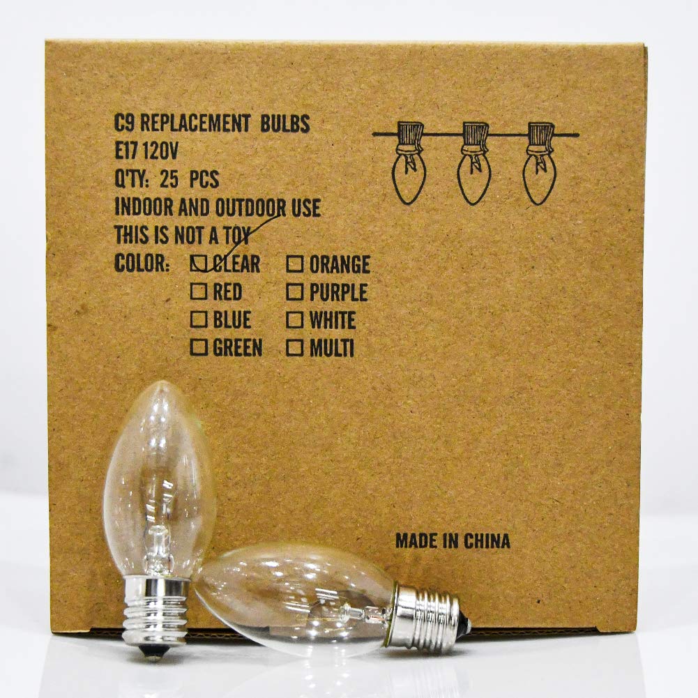 SUNSGNE C9 Clear Replacement Bulbs, 7 Watt Glass Incandescent, 25 Pack, E17 Intermediate Base