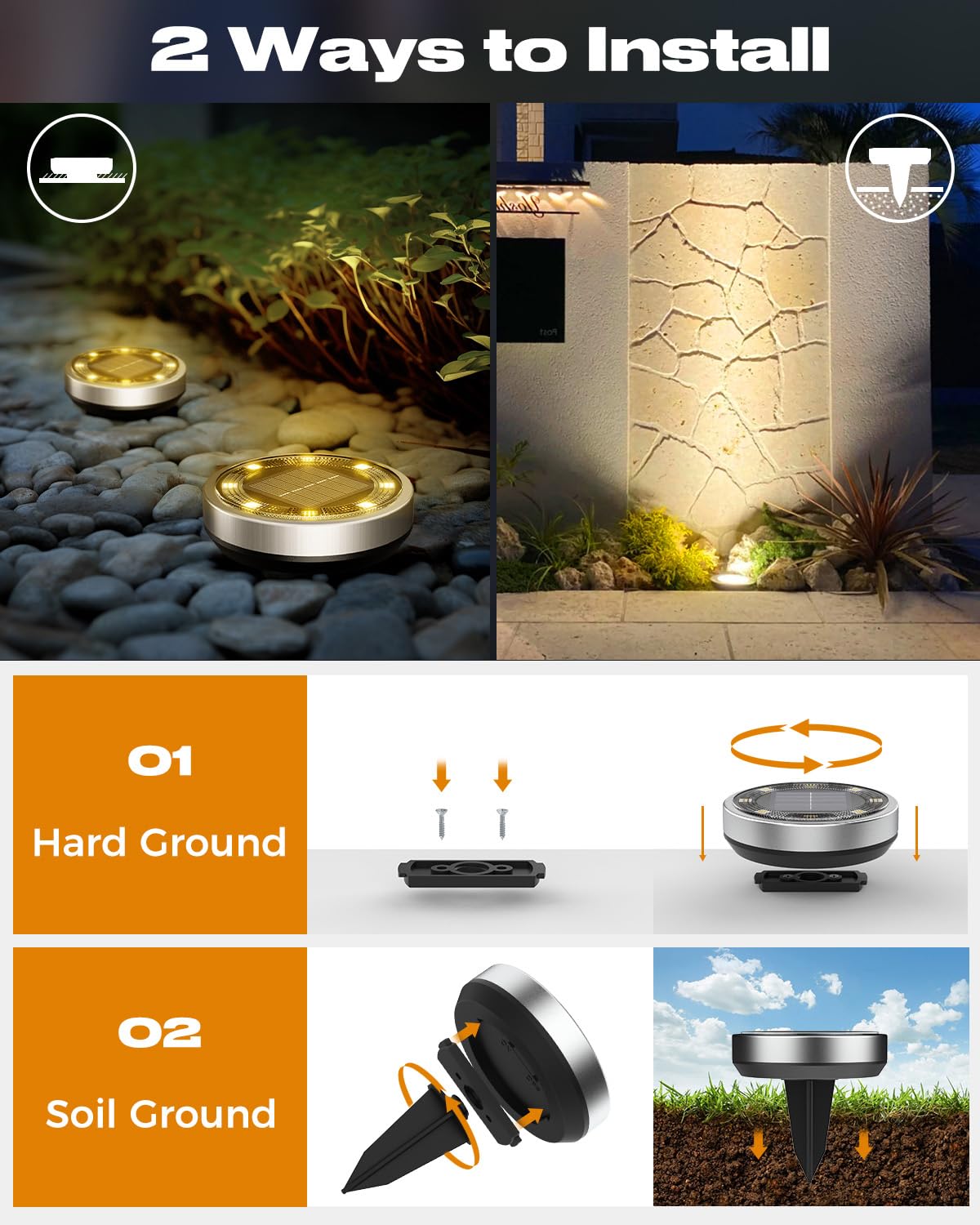 btfarm 12 Pack Solar Ground Lights, IP65 Waterproof LED Disc Lights, Warm White, Stainless Steel, Model DC-CD915