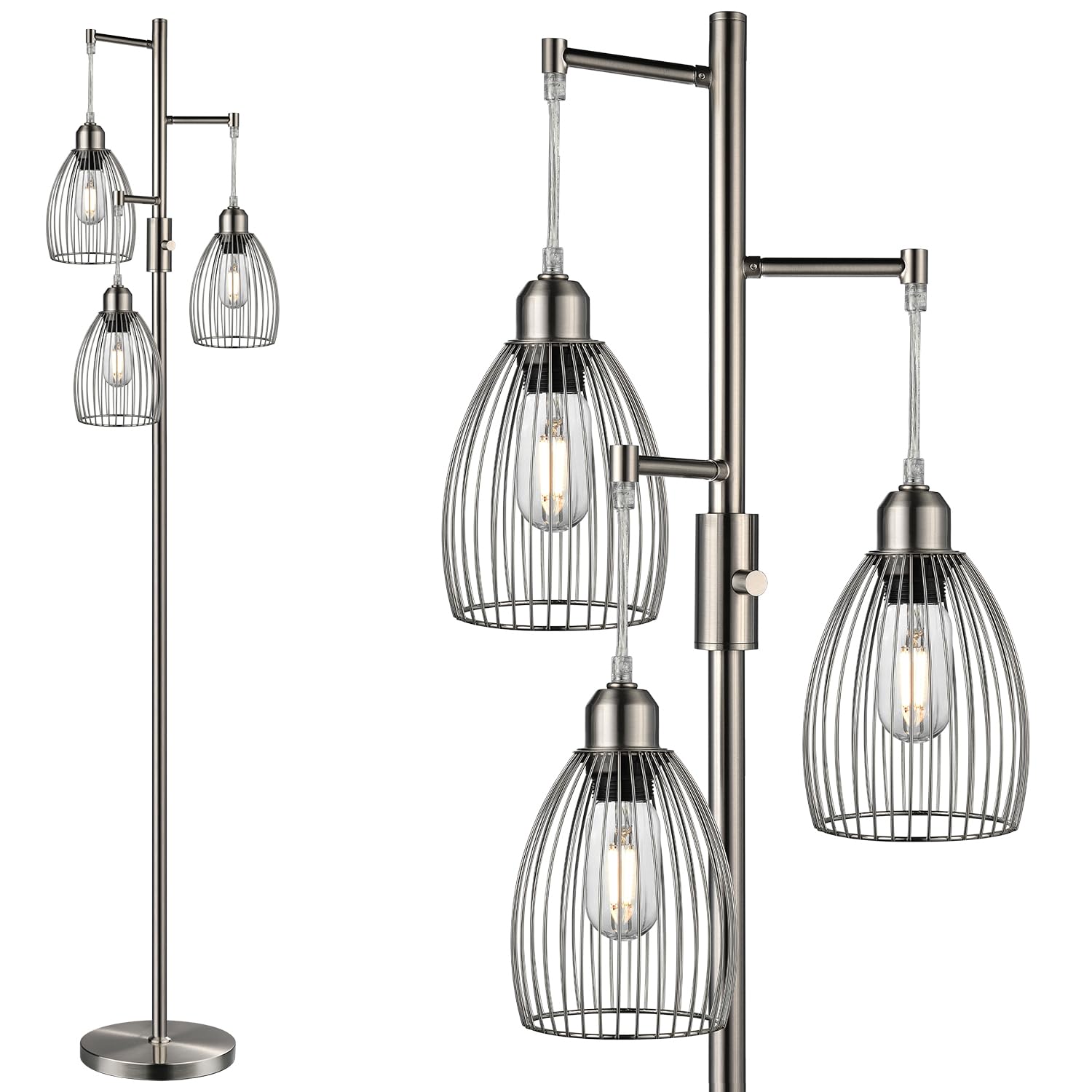 Dimmable Floor Lamp, Metal, 3 X 800Lm Led Edison Bulbs Included, Industrial Floor Lamp Standing Tree Lamp With Elegant Teardrop