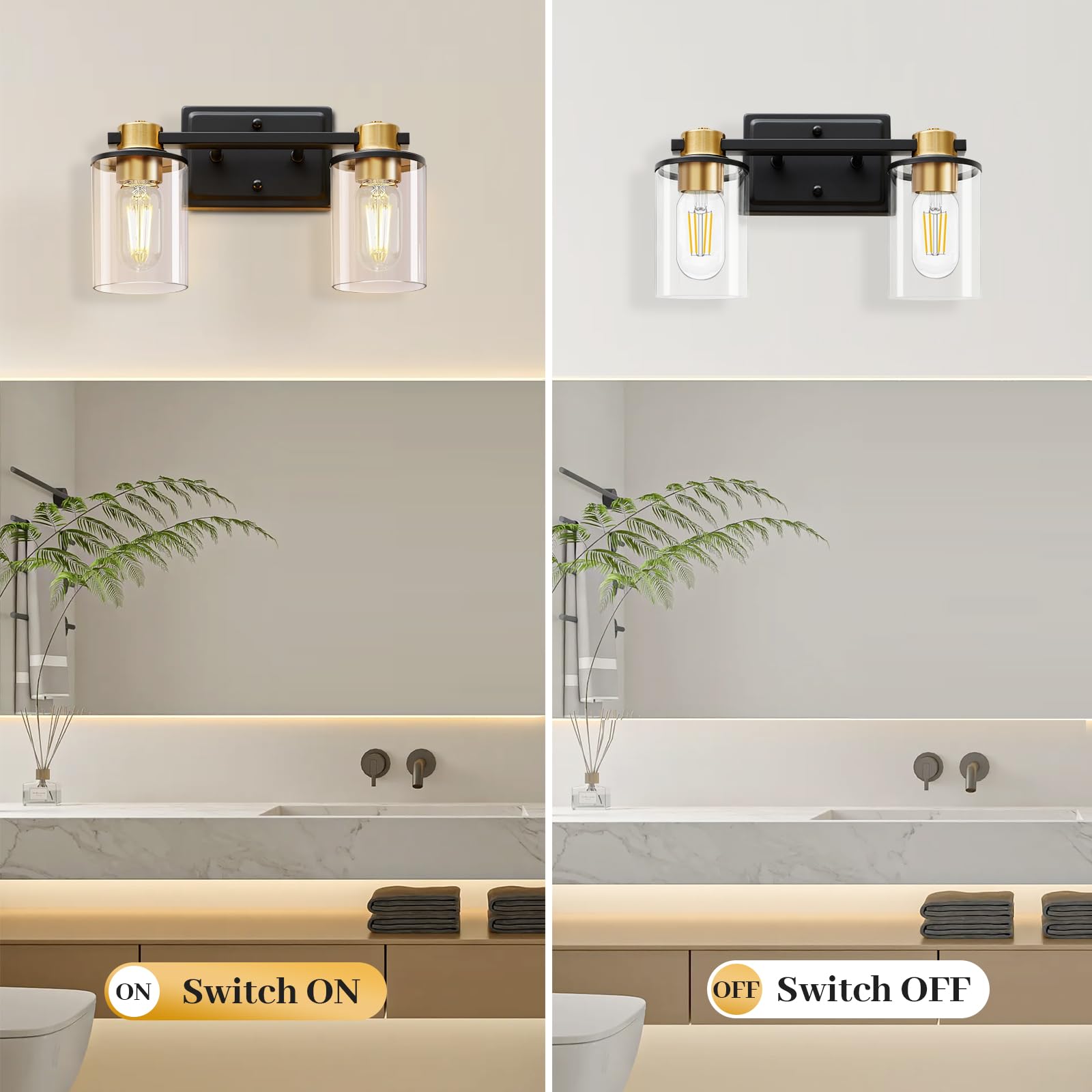 SANGFOR Bathroom Light Fixture, Modern Gold & Black Vanity Light, Clear Glass Shade, Metal Frame, E26 Base, Size M