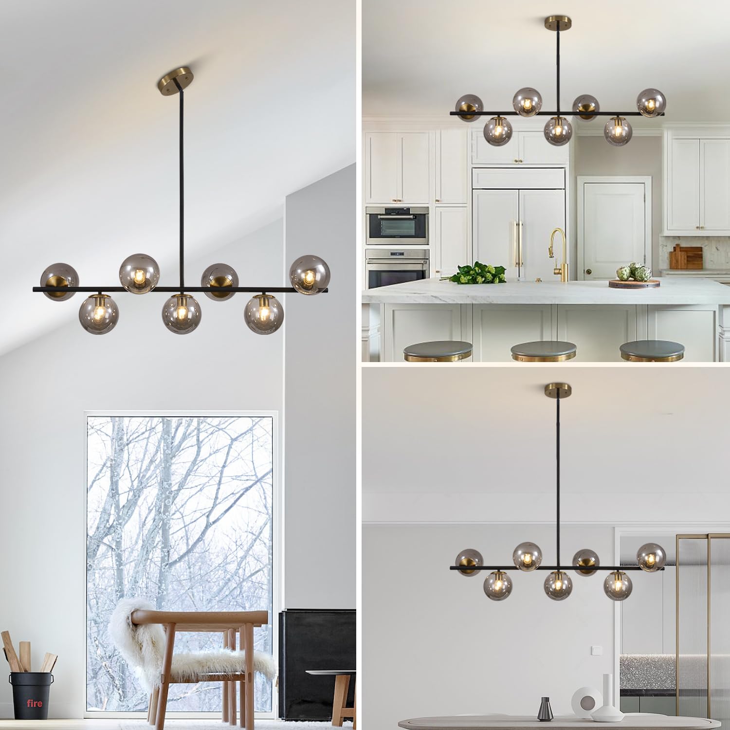 KCO Black and Gold Linear Pendant Lighting 7-Light Smoke Glass Globe Chandelier Model L1043-BS