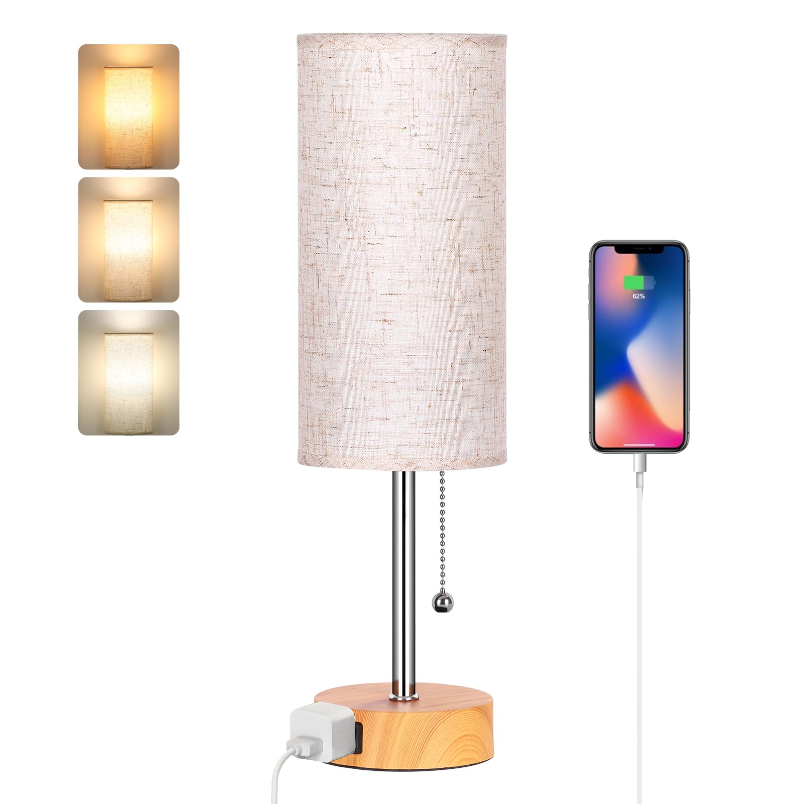 Dott Arts Table Lamp For Bedroom  3-Color Bedside Lamps With Pull Chain  Bedroom Table Lamps For Nightstand Ac Outlet Small Lamp For Living Room  Bulb Included Oatmeal