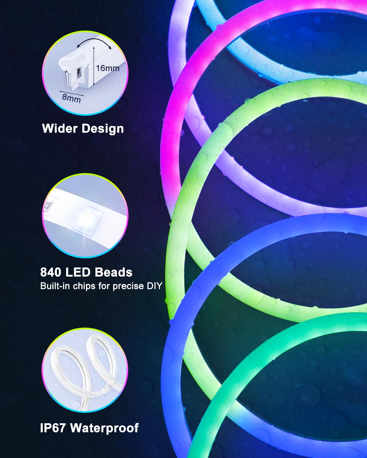 Echosari Neon Rope Lights Rgb Color Changing Ic, 33Ft Led Neon Rope Light Outdoor With Music Sync, 64 Scene Modes For Bedroom Pa