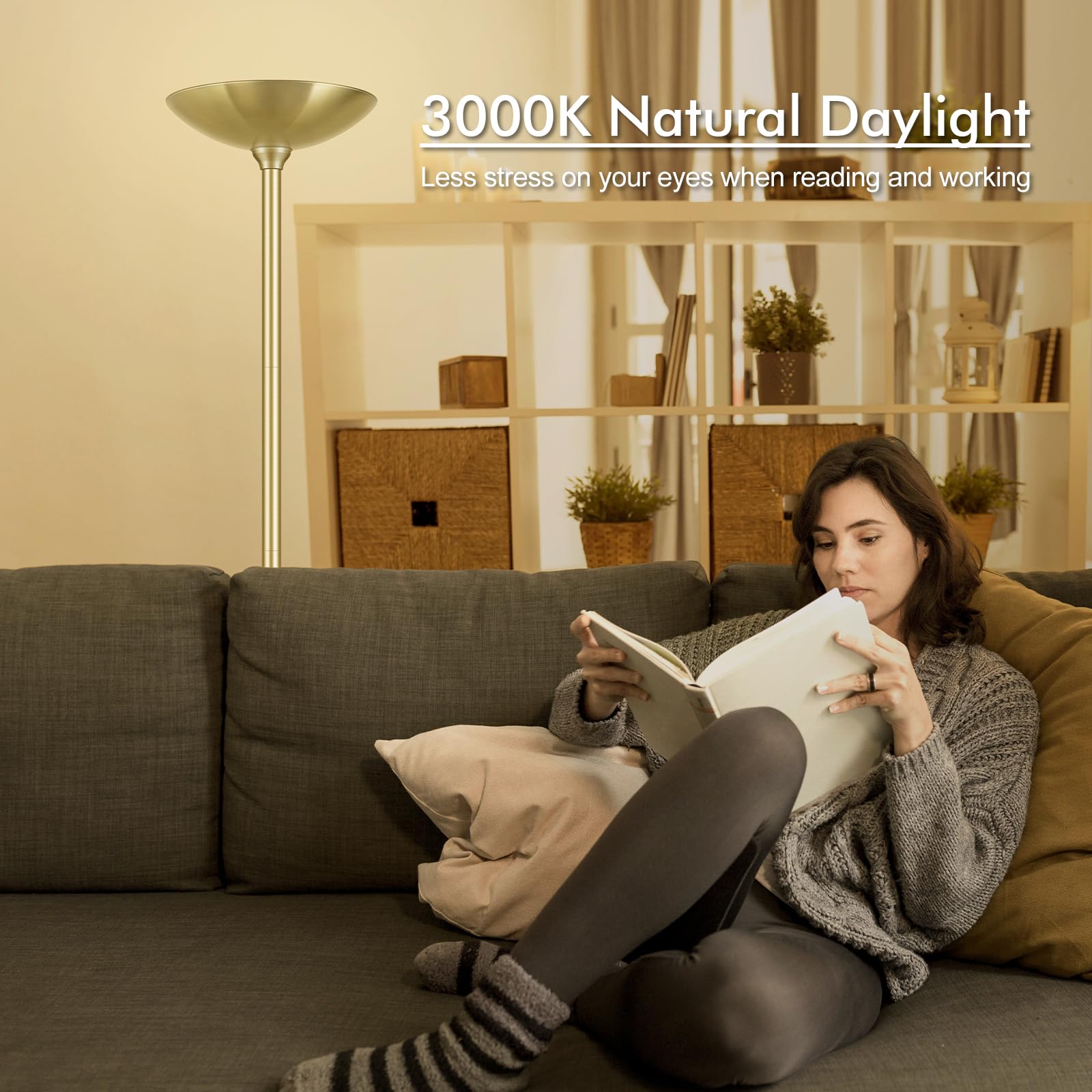 30W Torchiere Floor Lamp Gold, 3600Lm Bright Stepless Dimmable Floor Lamp, 71 Inch Led Standing Lamp 3000K, Rotary Switch, I Inc