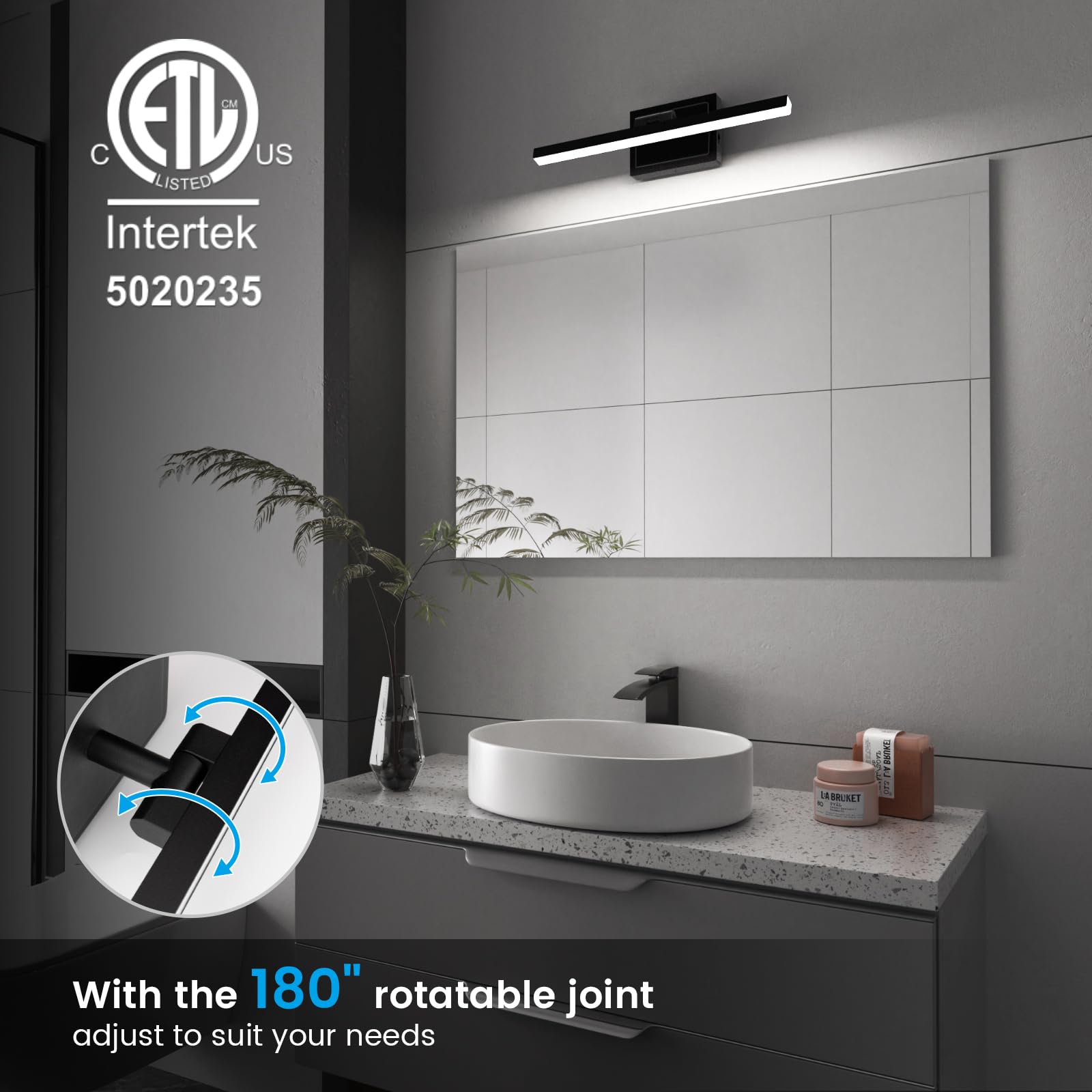 Volisun Modern Bathroom Vanity Light 15.7 Inch, Rotatable, 12W Dimmable 5Cct Led Bathroom Light Fixture Over Mirror, Black Bar V