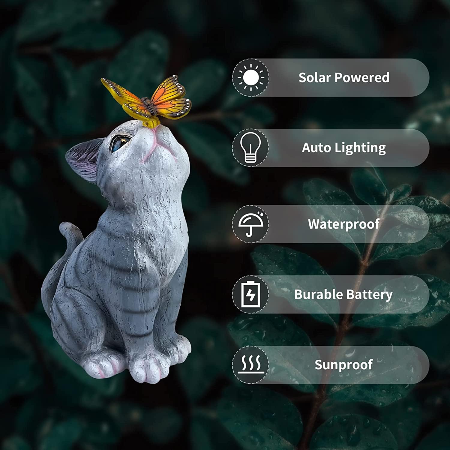 Cat Garden Figurines Outdoor Decor Solar Statue With Led Lights For Patio Lawn Yard Art Decoration Housewarming Garden Gift (Grey-1)