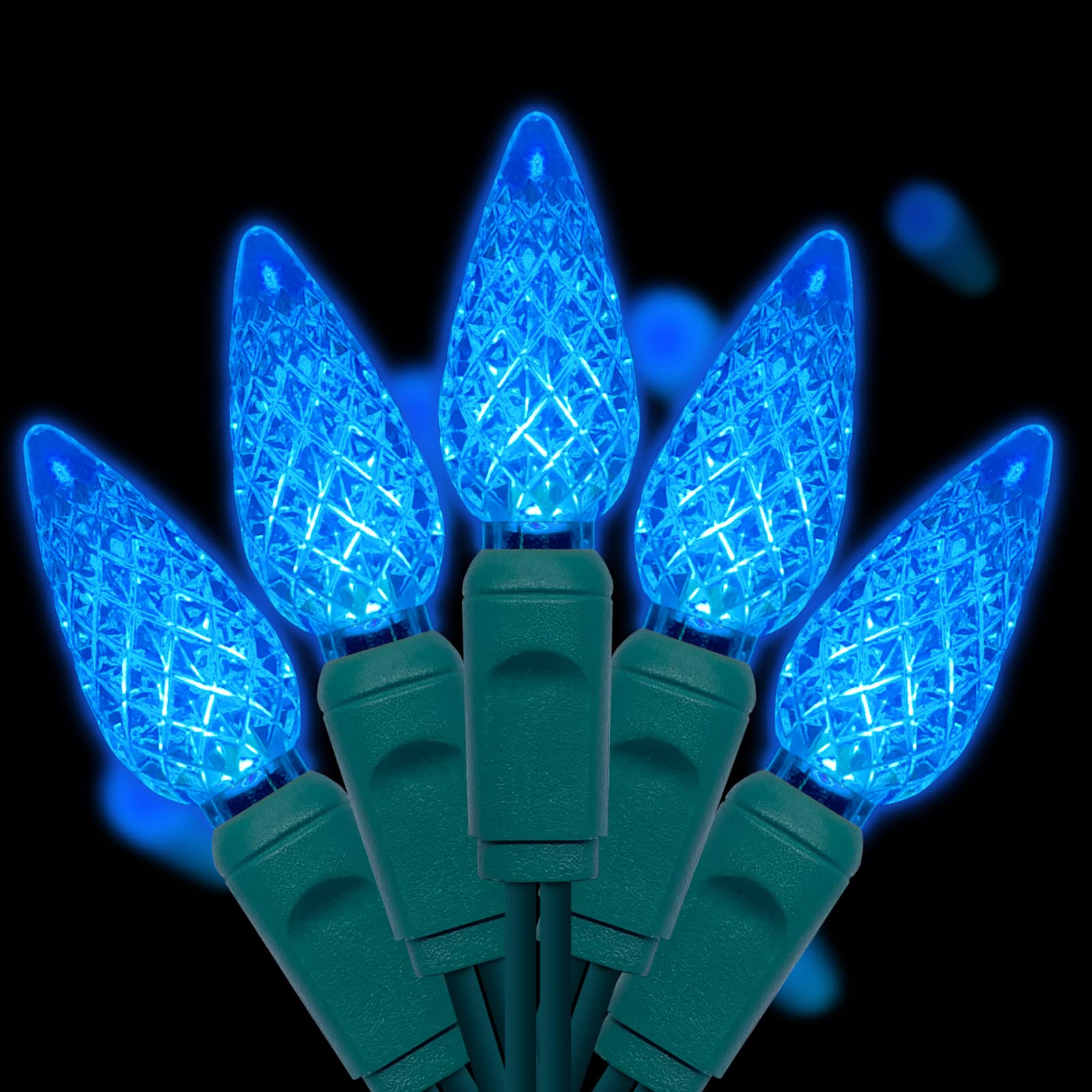 Yongzhenlite Ul Listed 50 Count C6 Led Christmas Lights,C6 Strawberry Christmas Light Bulbs,Outdoor Led String Lights For Garden Patio Trees Lighting Decoration,17 Feet Green Wire (Blue)