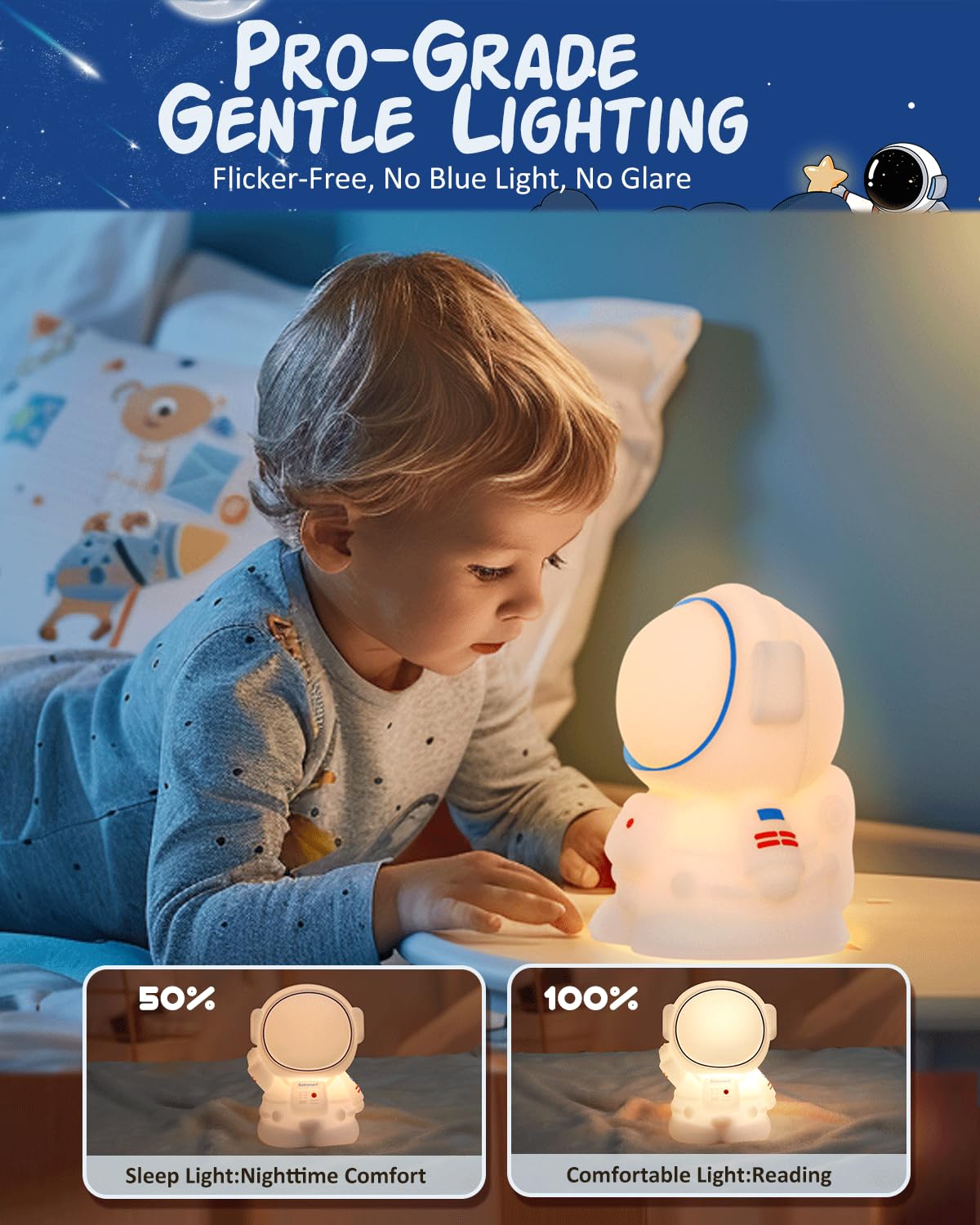loatme Night Light for Kids, Rechargeable Silicone LED Lamp, Dimmable, 7 Colors, Astronaut Design