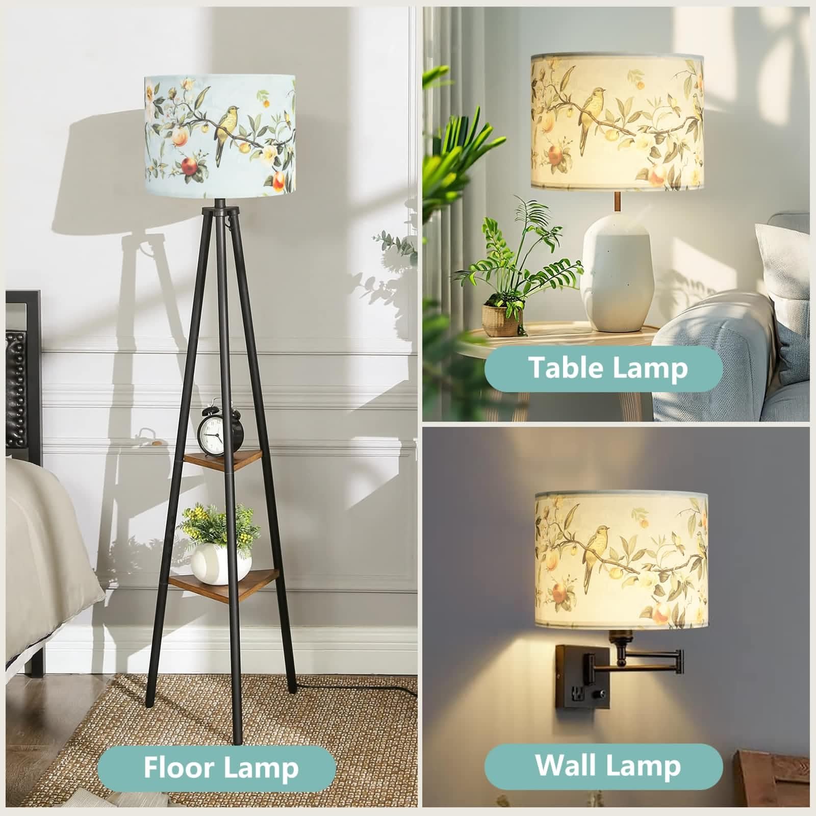 Haultop Small Fabric Table Lamp Shade, 8.7x8.7x7.9in, Floral Bird Print, E26/E14/E12 Base, 1 Pack