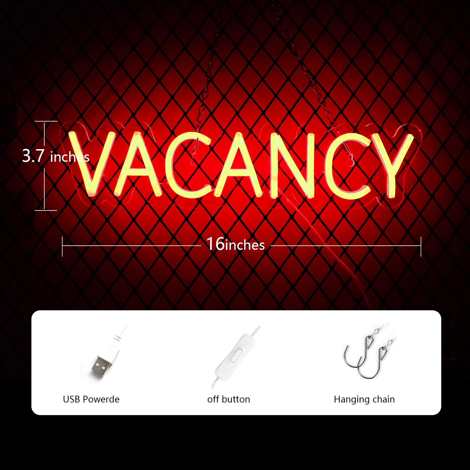 JFLLamp VACANCY Neon Sign for Wall Decor, 16x3.7 Inch, Plastic, Red, Model VACANCY-001, Suitable for Bedroom & Business Use