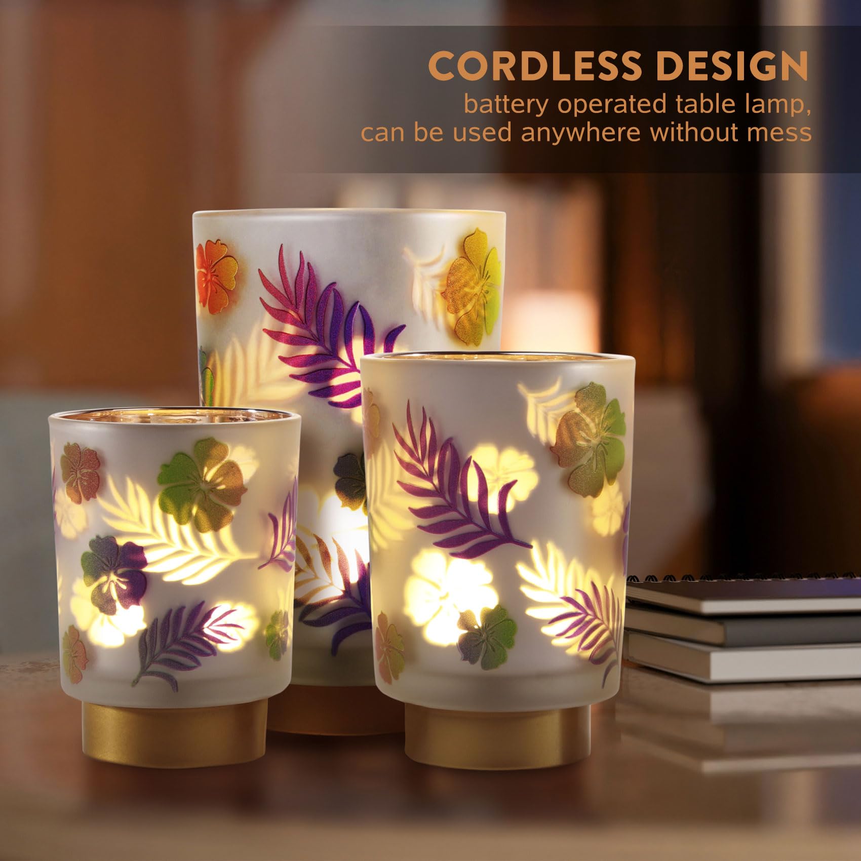 Eywamage Small Battery Operated Table Lamp, Glass Floral Lamp With Remote Timer, Cordless Lamp For Bedroom Living Room Kitchen