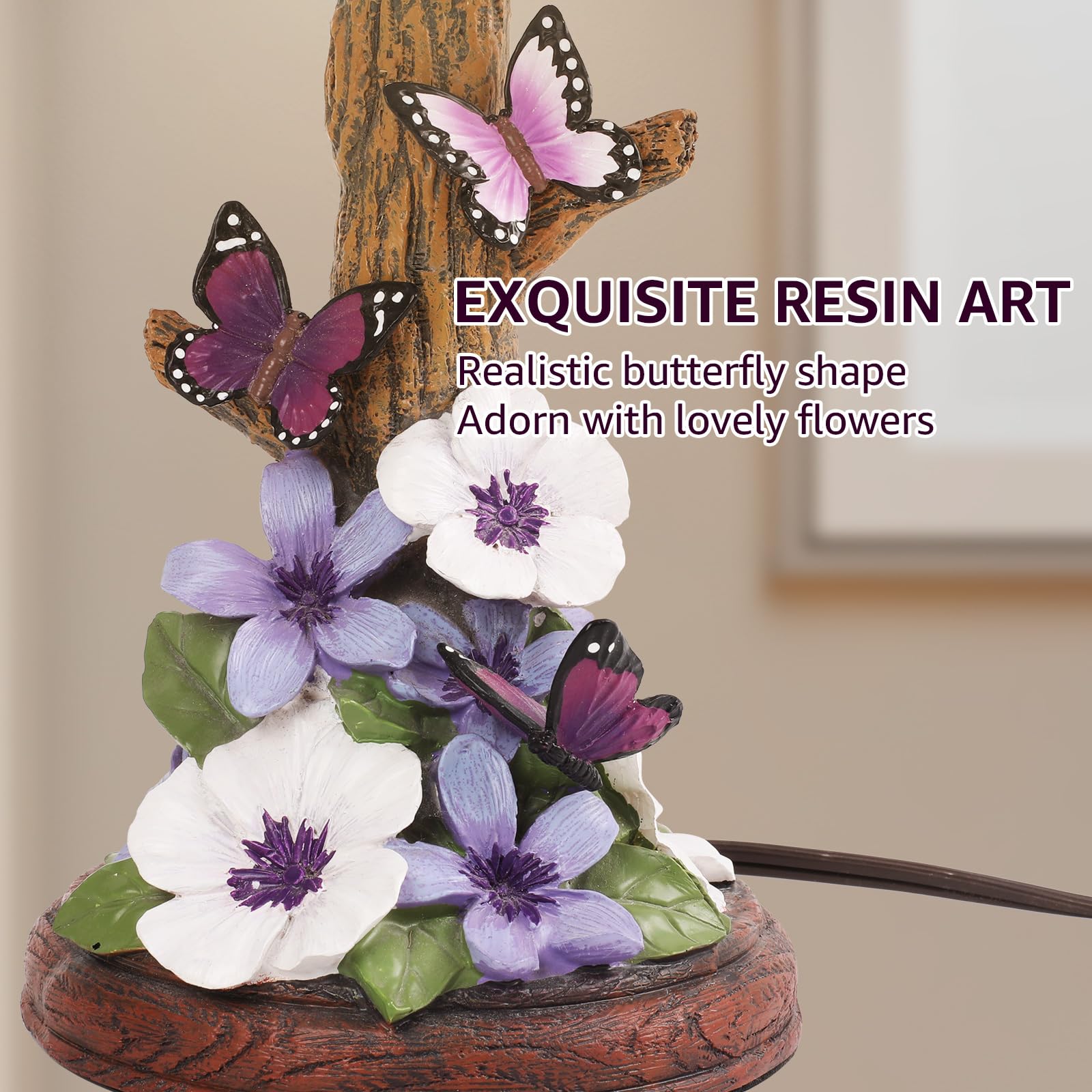 Eycfo Butterfly Table Lamp - Vintage Purple Resin Nightstand Light with LED Bulb, Pressed Floral Design, Model Butterfly 1
