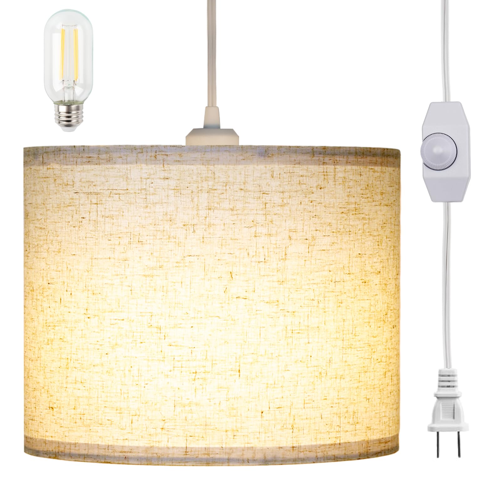 LALISU Plug in Pendant Light, Hanging Light with Plug in Cord 15Ft, On/Off Switch Pendant Lighting with Linen Shade, Hanging Lam