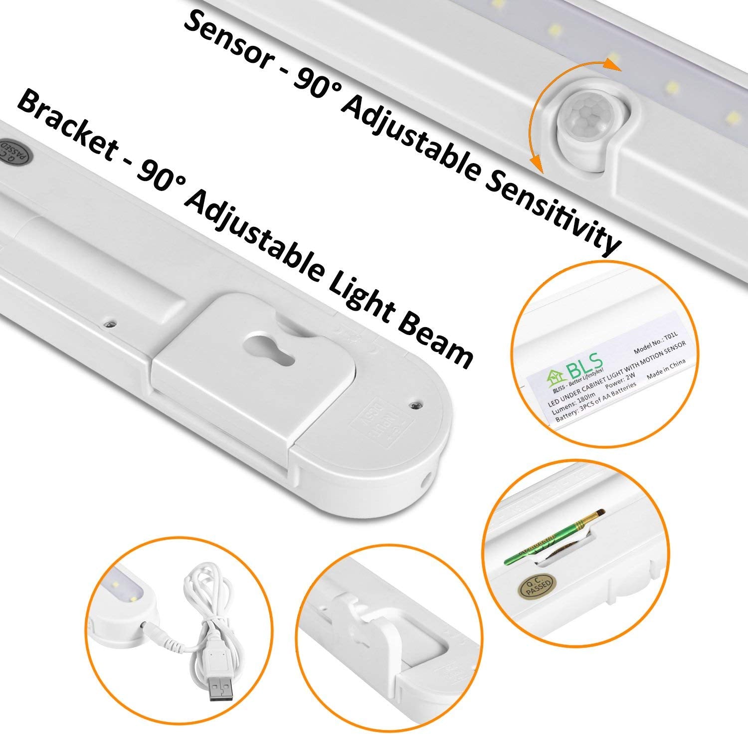 Bls Led Closet Light T01L - Super Bright 20 Led Motion Sensor, Battery/Dc Powered, 6000K Clean White, 2 Pack