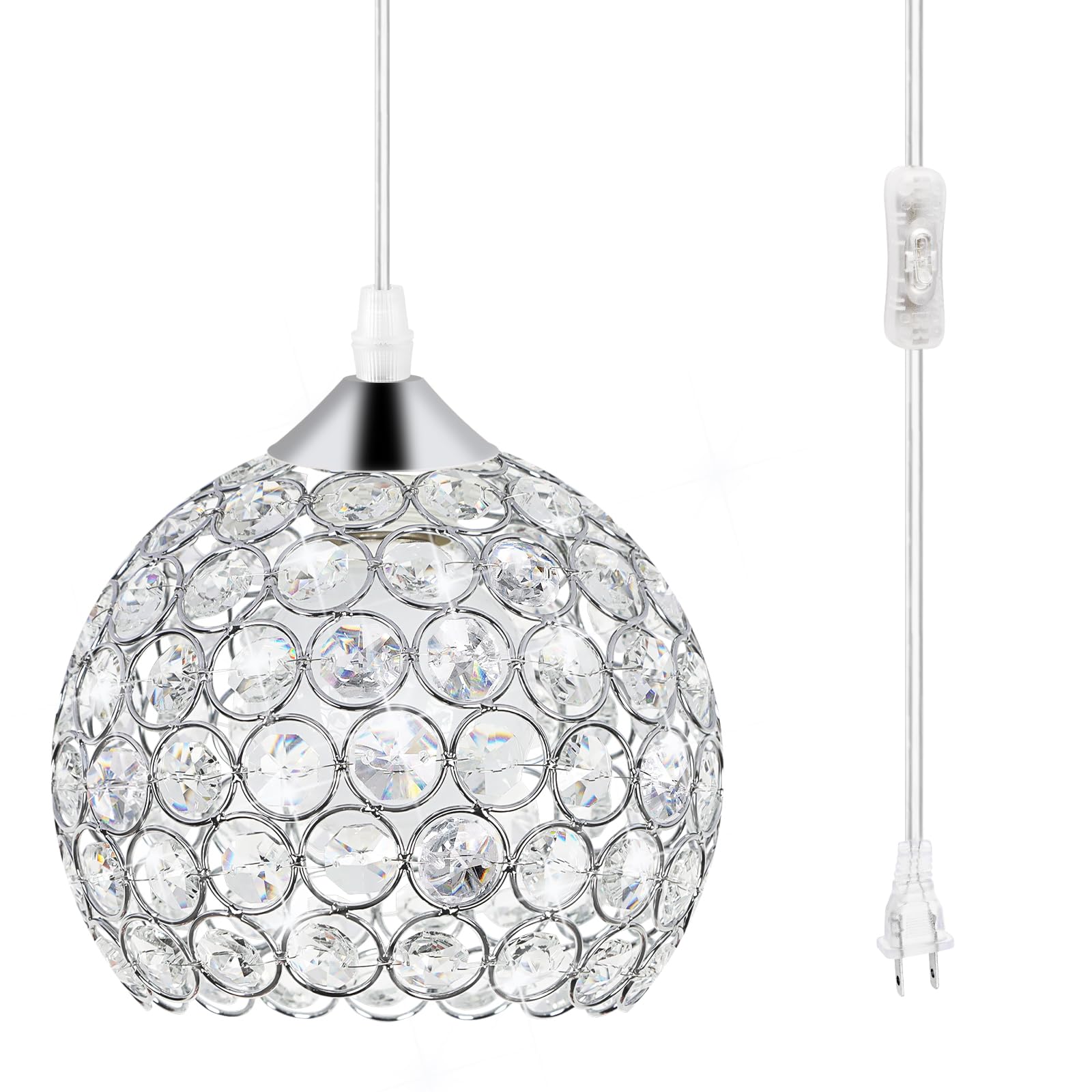 TISLYCO Plug-in Crystal Chandelier Light, Metal, 7.7”x6”, 13.12ft Cord, Elegant Hanging Pendant for Kitchen Island, Bedroom, Dining Room