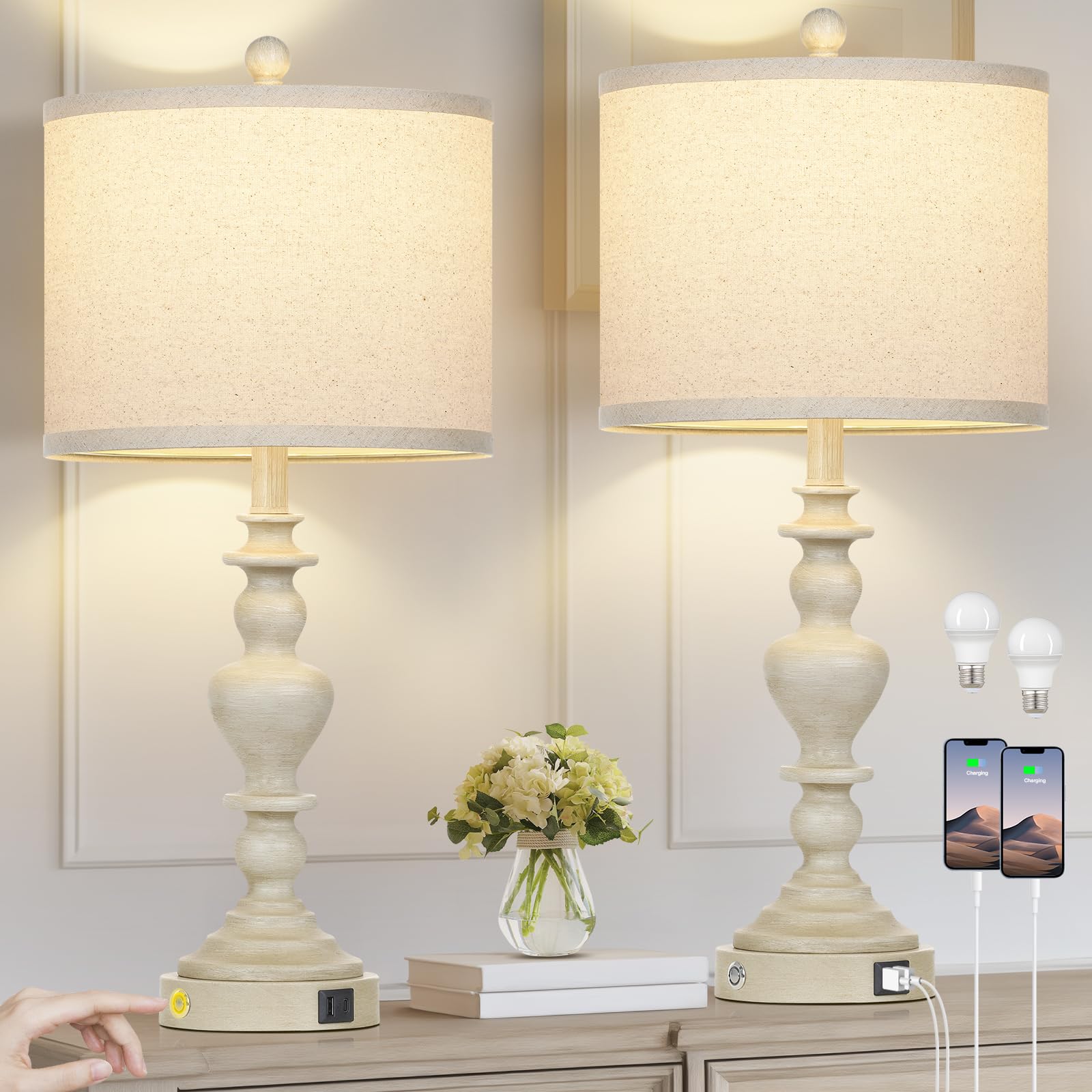 27'' Farmhouse Lamps Set of 2 with USB C+A Ports & AC Outlets, Vintage Rustic Touch Control Table Lamp for Living Room, White Re
