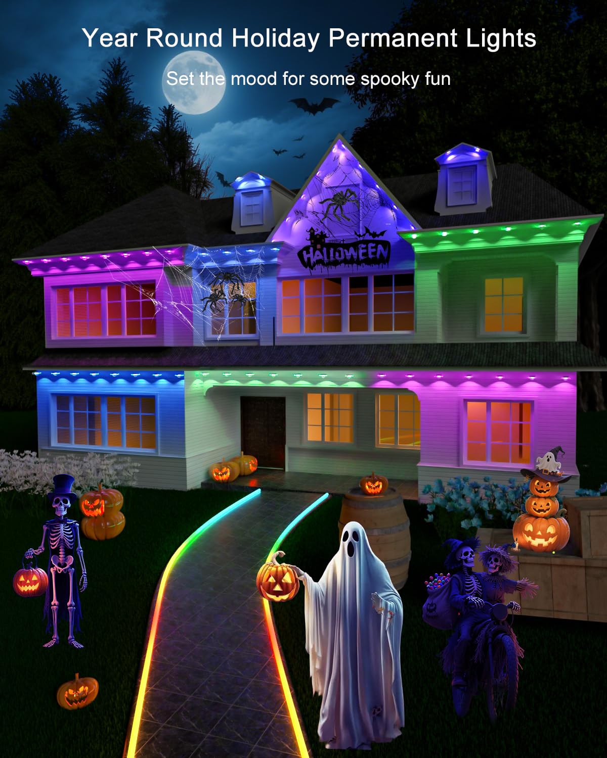 Morpholife 100FT Permanent Outdoor Lights - Smart AI RGB+IC LED, IP67 Waterproof, Alexa/Google Compatible, White
