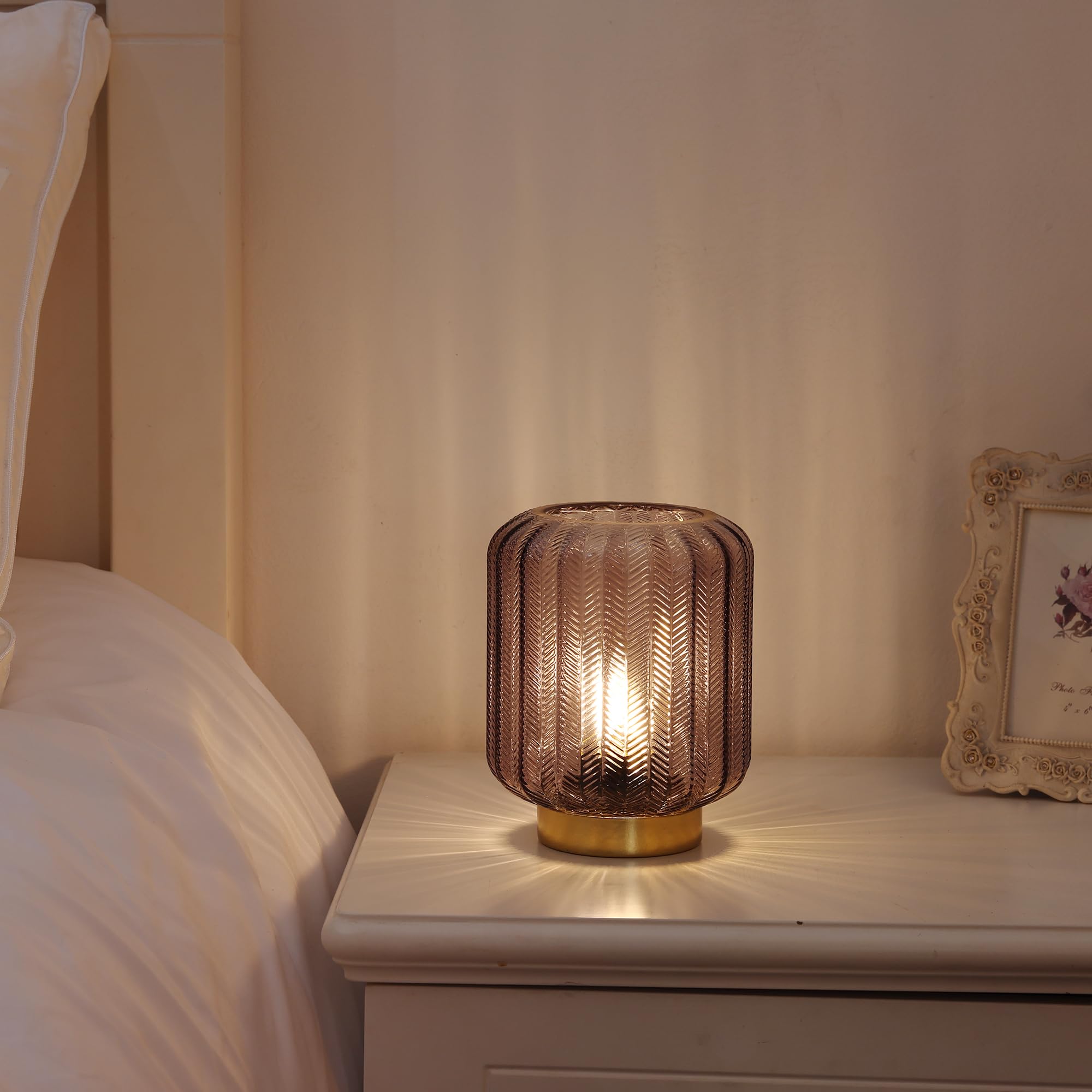 Wesjo Battery Operated Lamp, Modern Table Lamp Cordless Bedside Lamps, Glass Battery Powered Lamp With Led Bulb Decorative Battery Operated Lamps For Living Room Bedroom Desk Home (Grey)