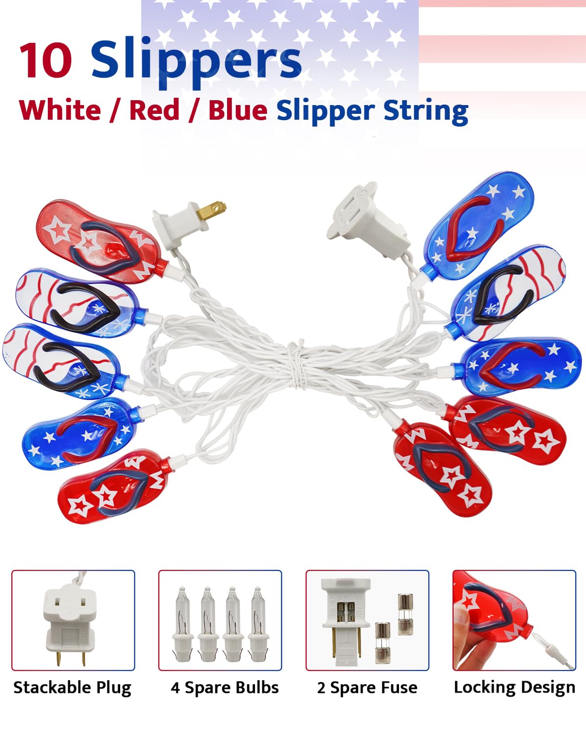 Couah Summer Lights Slipper String Lights, 8.5Ft 3D Flip Flop Party Red White Blue Lights With 10 Led For Indoor Outdoor Party P