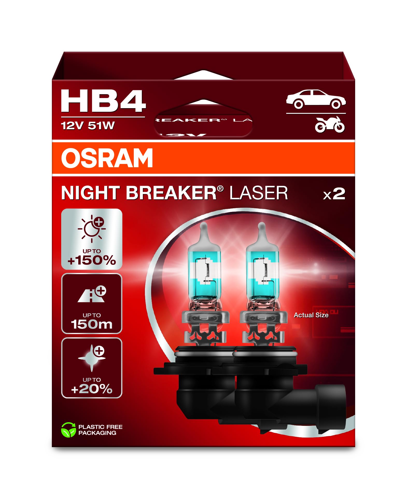 Osram Night Breaker Laser Hb4, +150% More Brightness, Halogen Headlight Bulb, 9006Nl-2Hb, 12 V Car, Hanging Box (2 Lamps), White