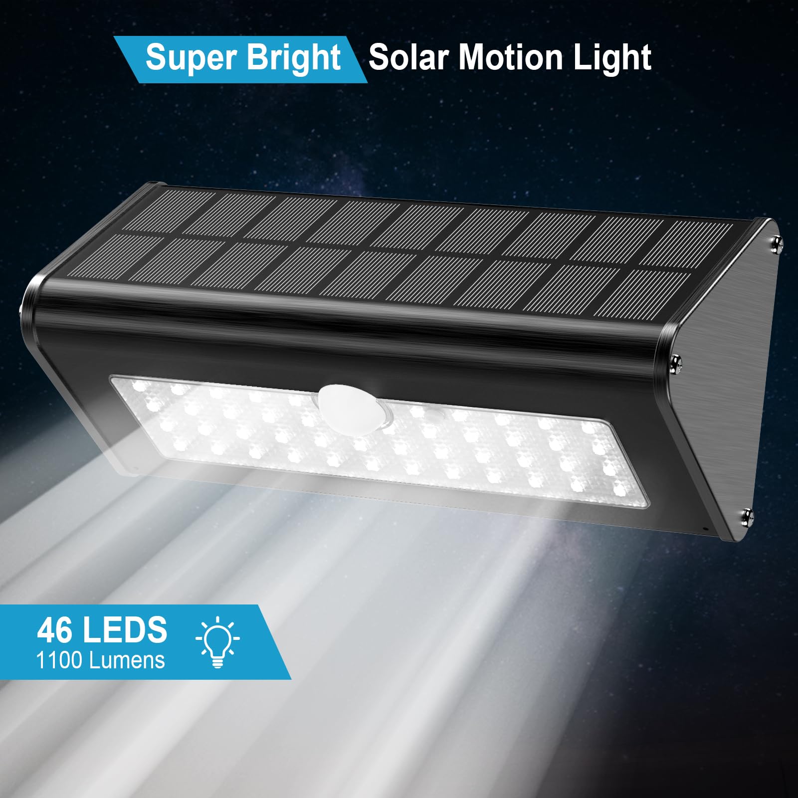 SECUROAD Solar Motion Sensor Lights, 1100 Lumens, IP65 Waterproof, 4500mAh Battery, Black Aluminum, Model HBT-1606BP, 1 Pack