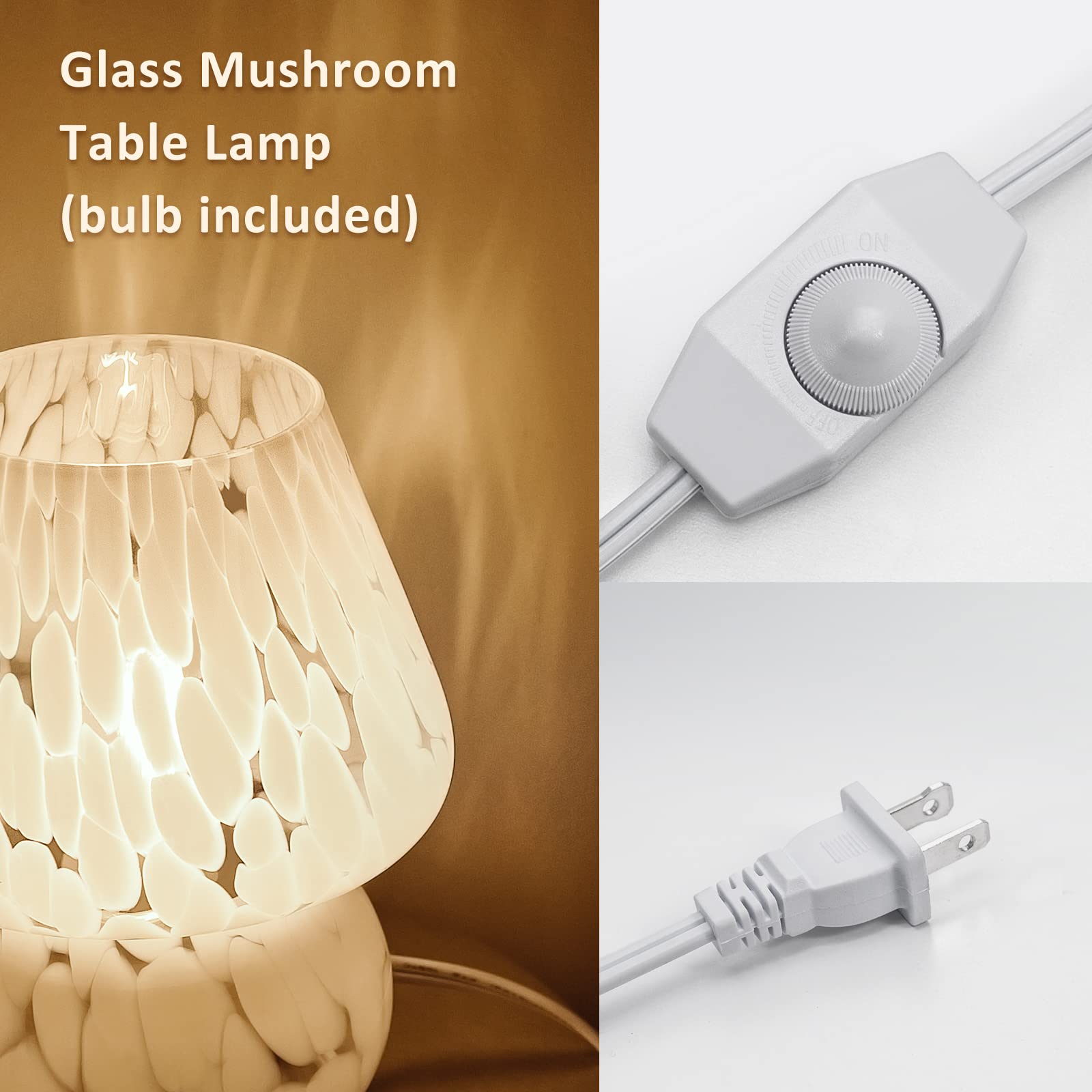 Onewish Cute Mushroom Lamp Small Bedside Table Lamp Set Of 2 Stepless Dimmable, Translucent Glass White Nightstand Lamp For Bedr