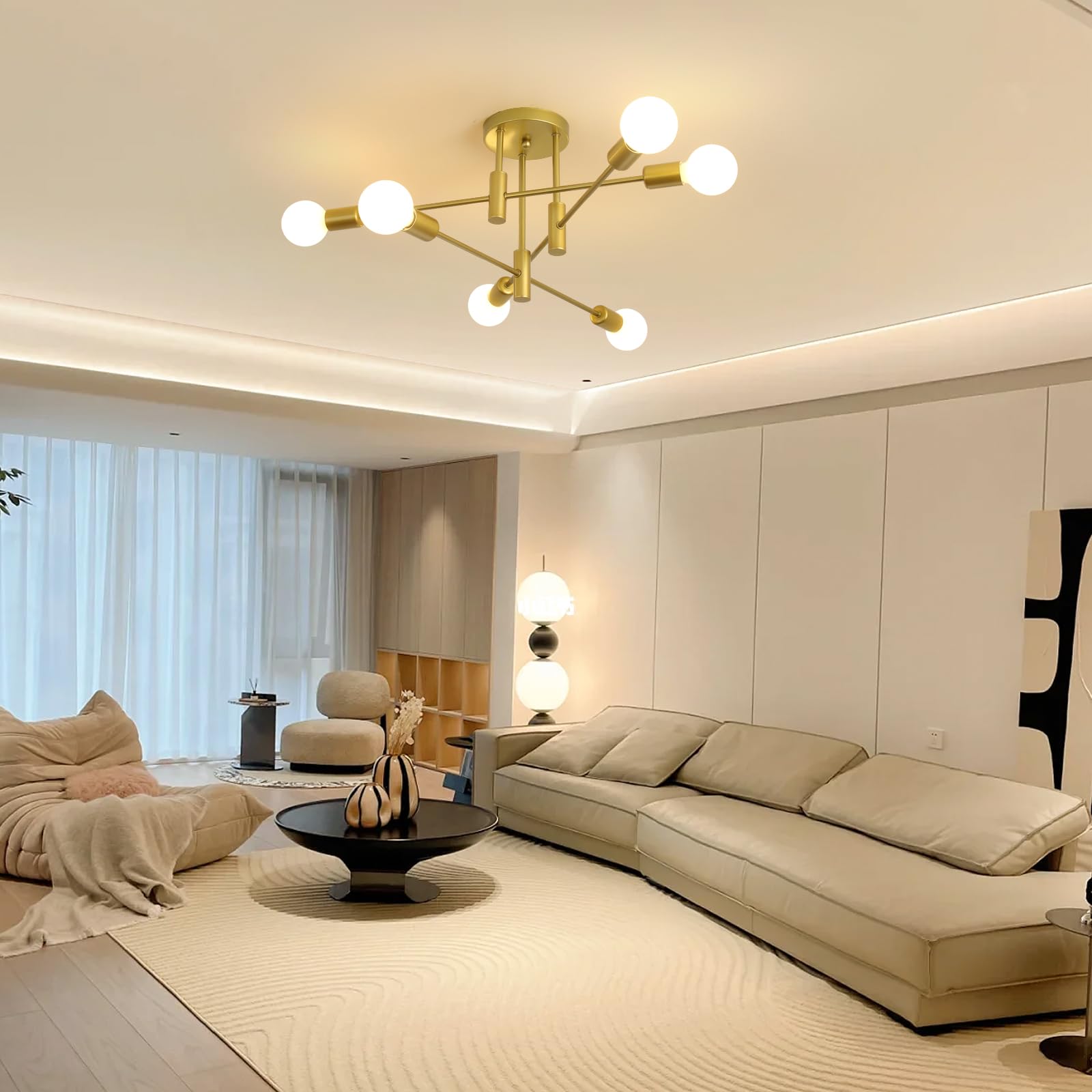 Garwarm Gold Modern Sputnik Chandelier Ceiling Light Fixtures,6-Lights Industrial Semi Flush Mount Ceiling Light For Bedroom Din