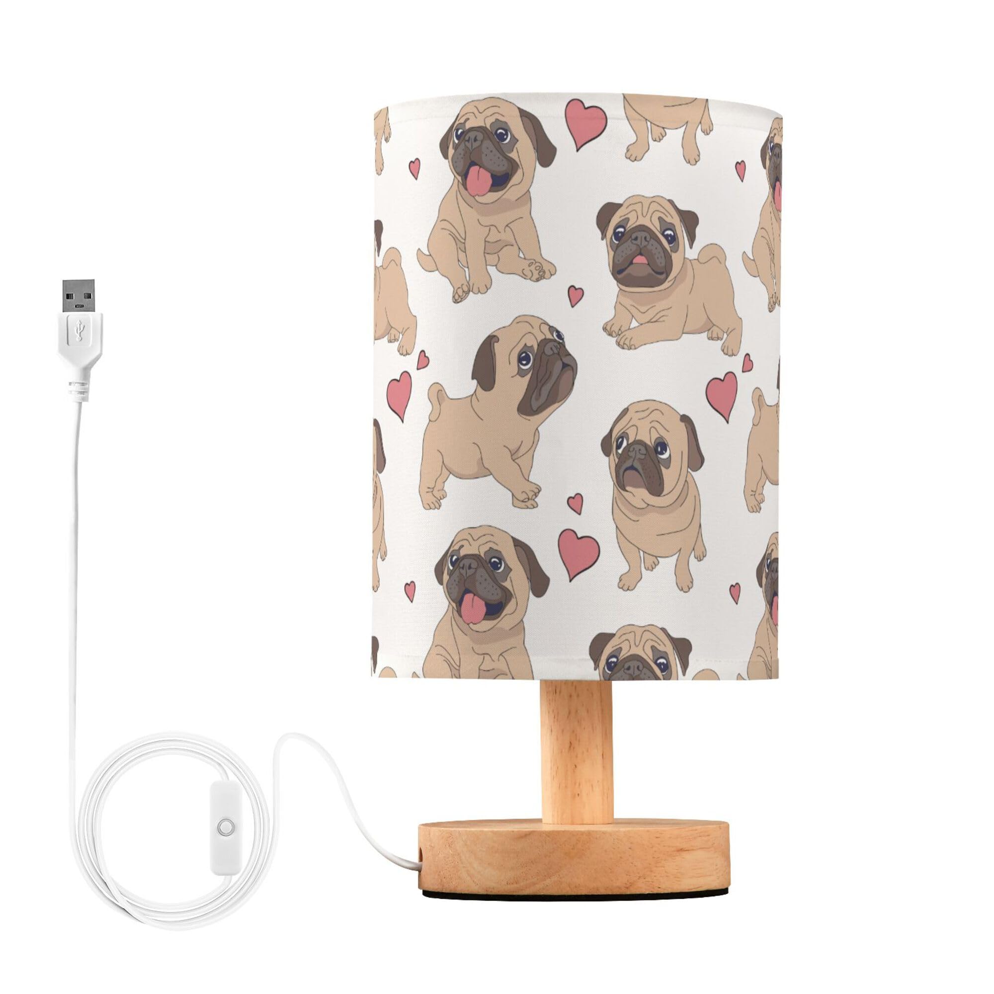 YYZZH Table Lamp Pugs Puppies Heart Nightstand Lamp with Wood Base Fabric Lamp Shade Bedside Desk Lamp for Living Room Bedroom K