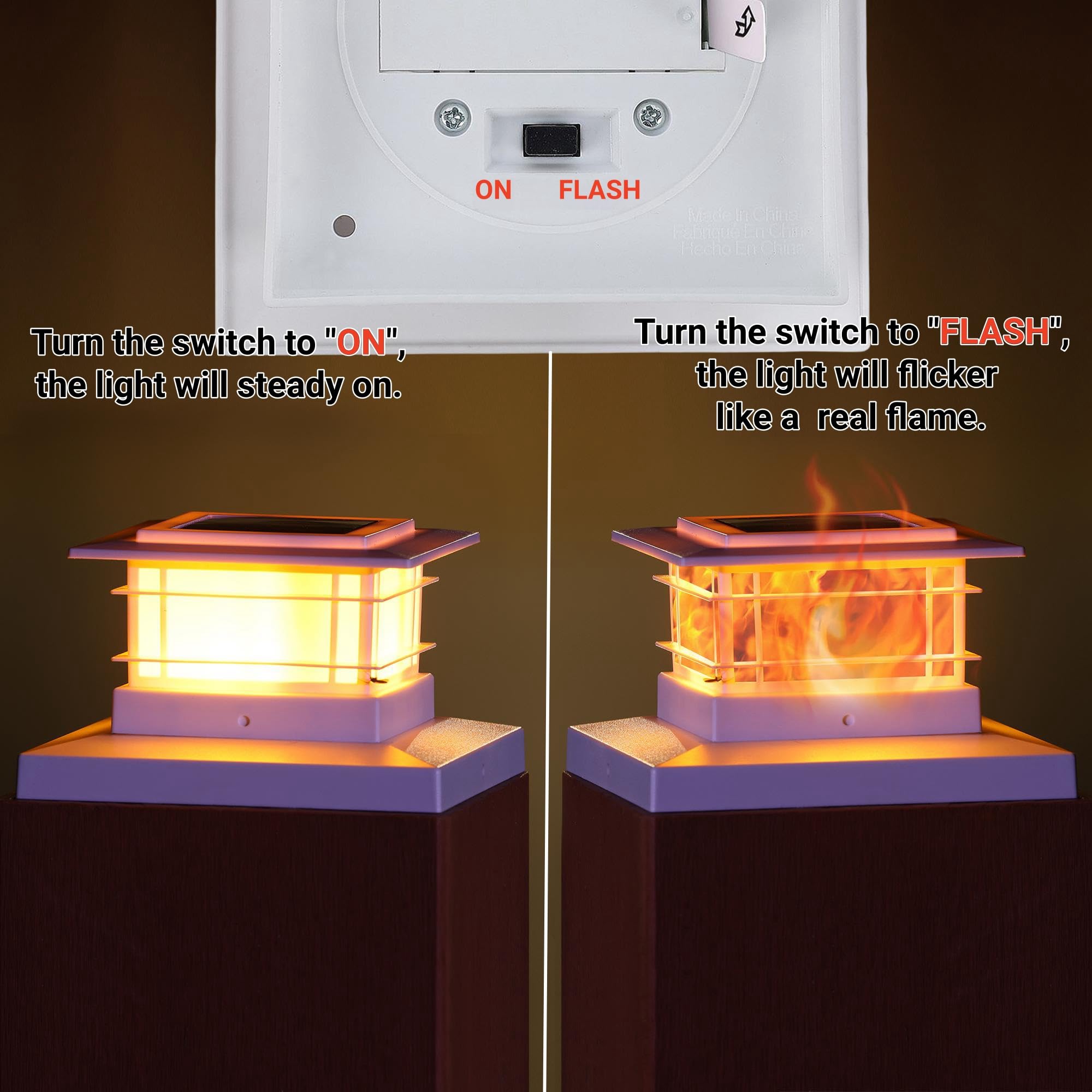 Dynaming 6 Pack Solar Flame Post Lights Outdoor, Solar Powered Fence Post White Shell Cap Light, High Brightness Flickering Flame Led Livinyl/Wooden Postseck Patio, Fit 4X4 5X5 6X6 Vinyl/Wooden Posts