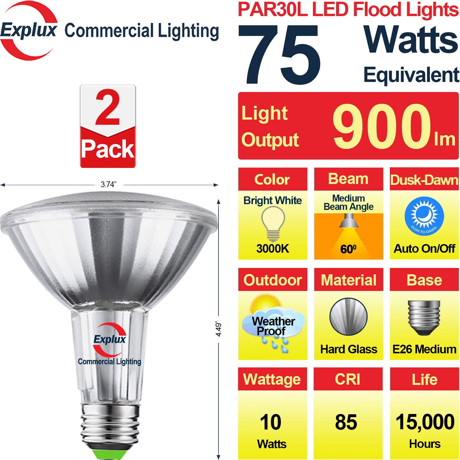 Explux PAR30 Dusk to Dawn LED Outdoor Flood Light Bulbs, 75W Equivalent, Photo Sensor Control Auto Dusk-Dawn On/Off, Full-Glass